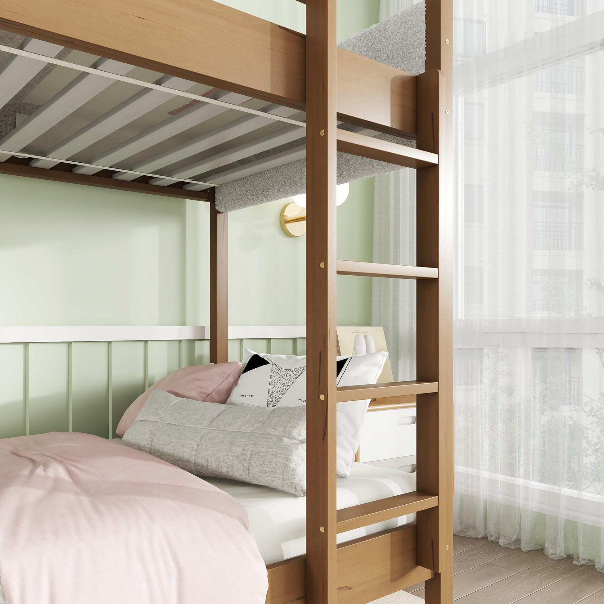 Twin Over Twin Bunk Bed, Upholstered Bunk Bed Frame With Ladder, Safety Guardrails,Rubber Wooden,Teddy Fleece Fabric Headboard Footboard ,Natural Twin Natural Rubber Wood