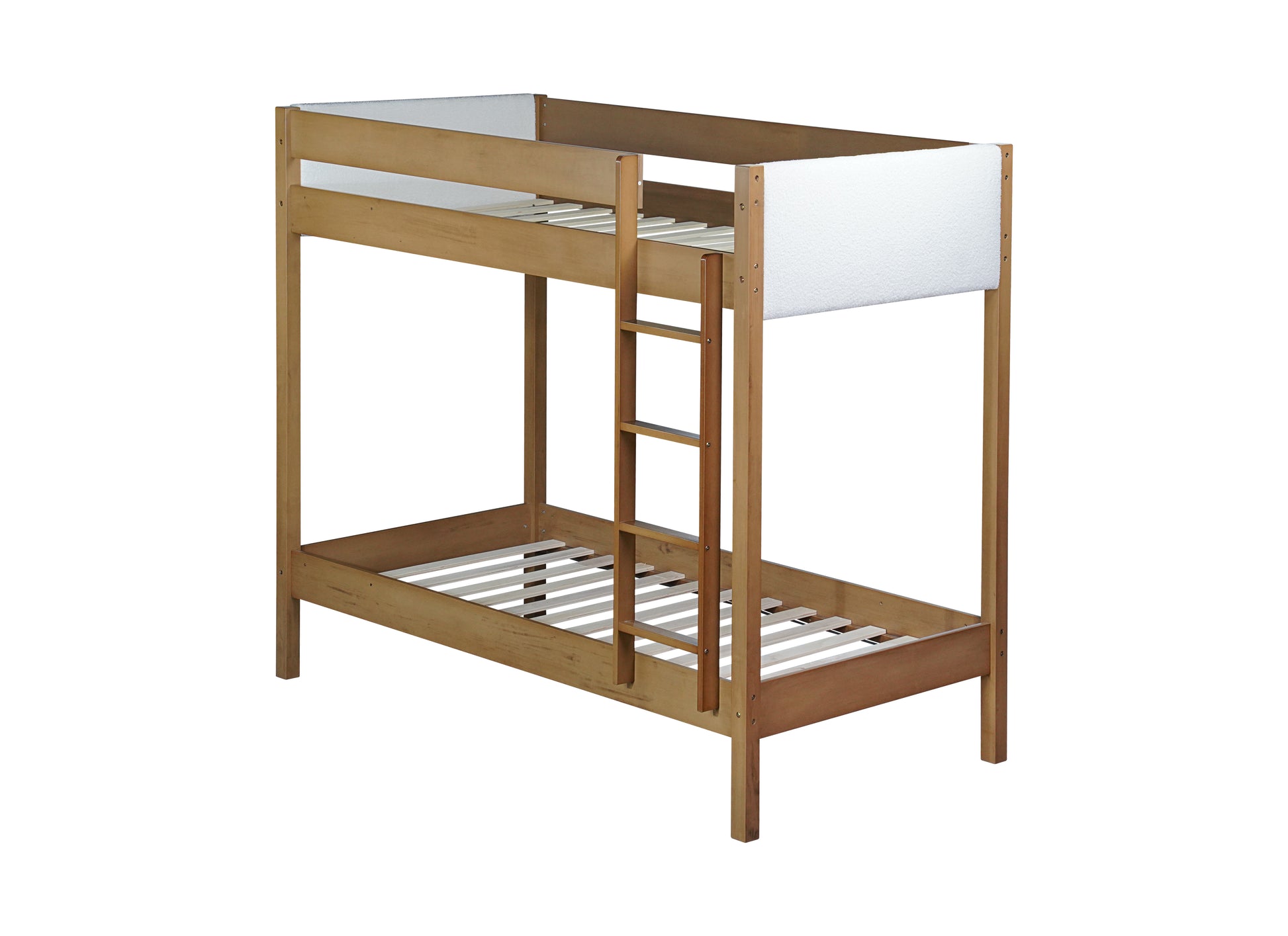 Twin Over Twin Bunk Bed, Upholstered Bunk Bed Frame With Ladder, Safety Guardrails,Rubber Wooden,Teddy Fleece Fabric Headboard Footboard ,Natural Twin Natural Rubber Wood