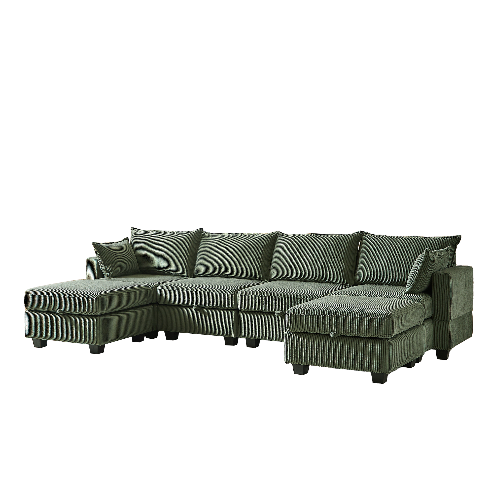 113.5'' Modular Sectiona Corduroy Sofa, Sectional Couches For Living Room U Shaped Sectional Couch With Storage Ottoman, 6 Seats Convertible Sectionals With Chaise Green Corduroy 6 Seat