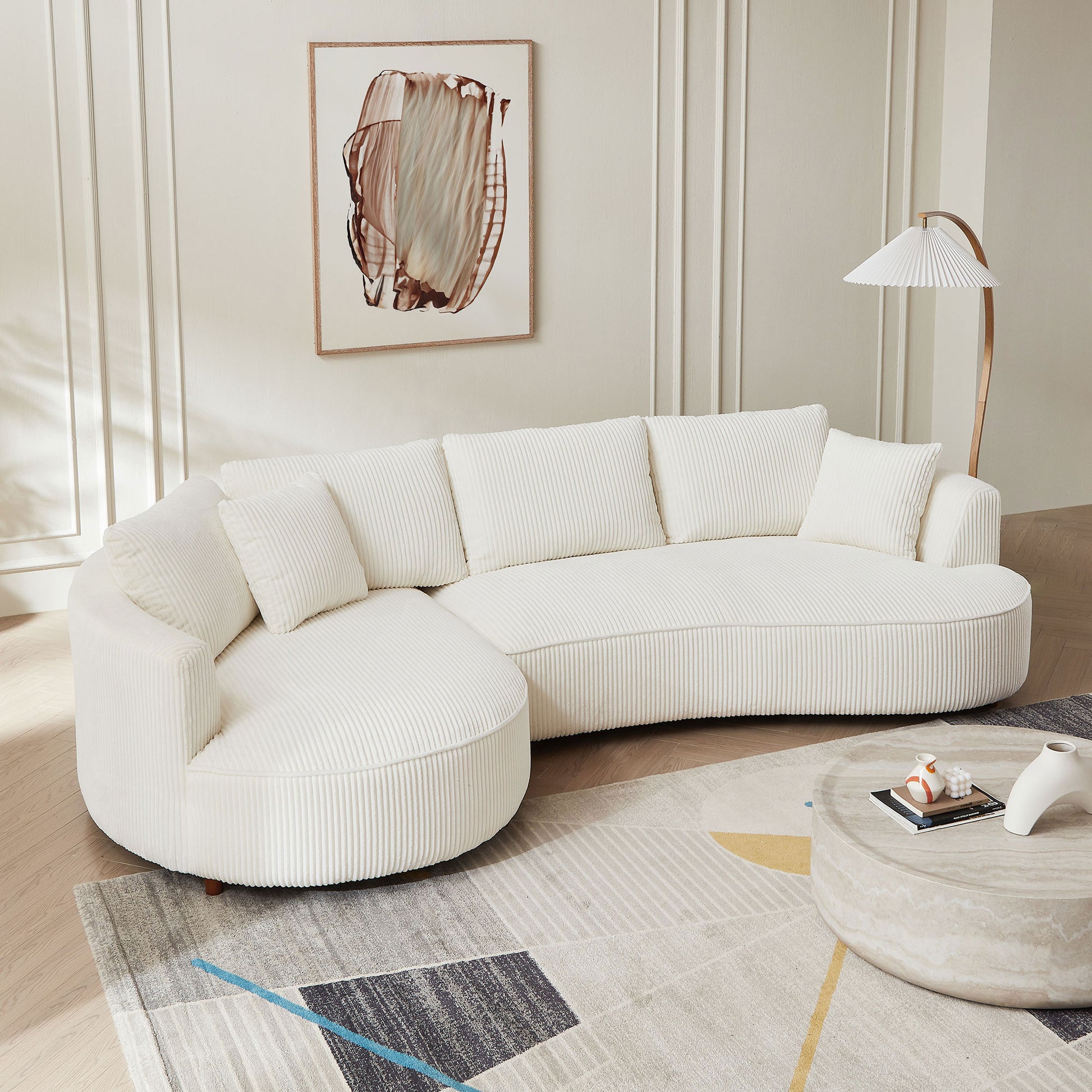 122.04 Inch Oversized Sectional Sofa, Modern Couch With Chaise, Comfy Sofa Couch With Left Facing Chaise, White Corduroy Sofa White Corduroy 3 Seat