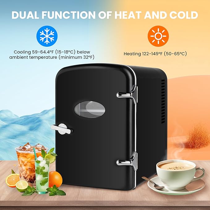 4L Portable Mini Fridge Warmer And Cooler Six 12Oz Cans Compact Refrigerator, 100% Freon Free & Eco Friendly, 4 L, Black Black Plastic