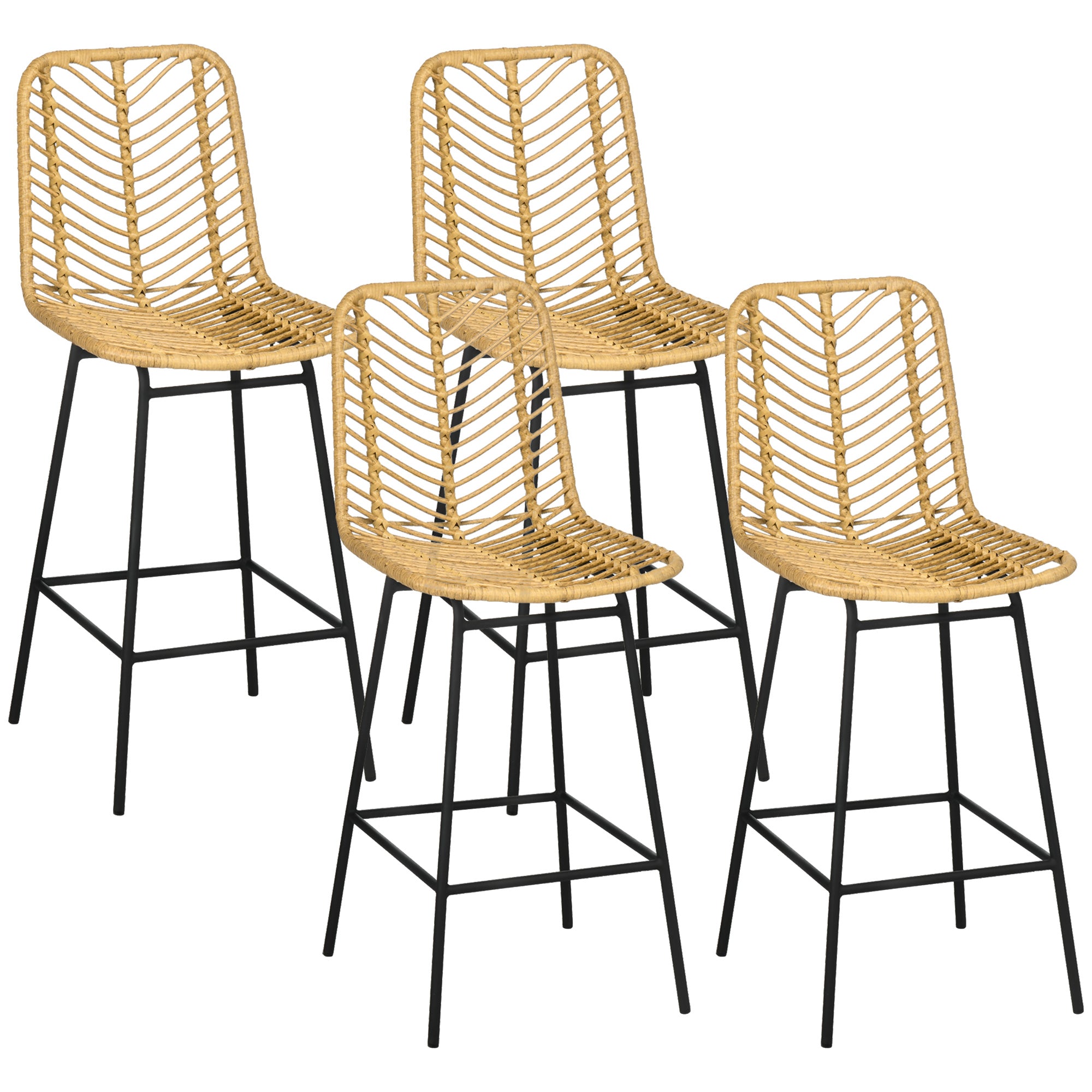 Homcom Rattan Bar Stools Set Of 4, 26" Counter Height Barstools, Boho Kitchen Island Stools Withwicker Seat And Back, Yellow Yellow Rattan