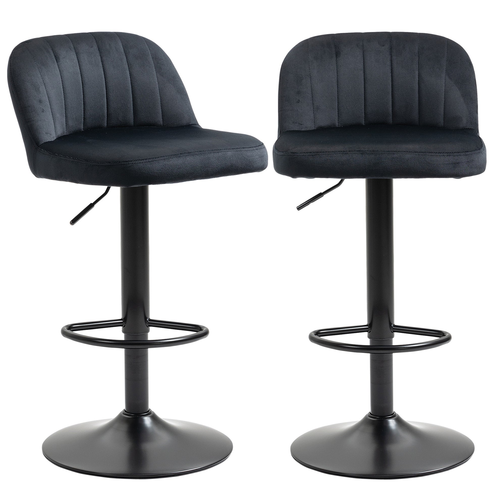 Homcom Adjustable Bar Stools Set Of 2, Velvet Counter Height Barstool, Upholstered Kitchen Stool With Swivel Seat, Steel Frame, Footrest For Kitchen Counter And Dining Room, Black Black Polyester
