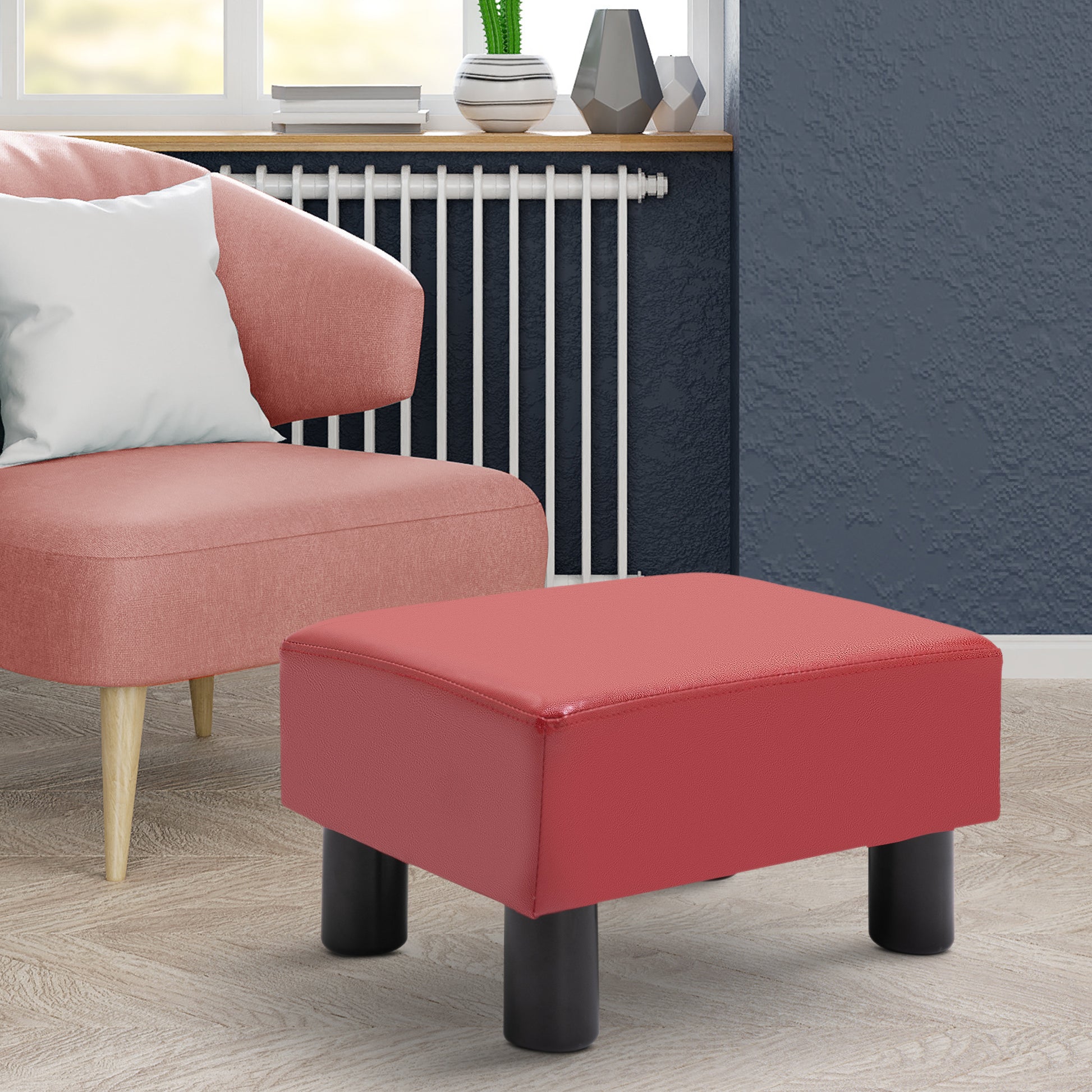 Homcom Ottoman Foot Rest, Small Foot Stool With Faux Leather Upholstery, Rectangular Ottoman Footrest With Padded Foam Seat And Plastic Legs, Red Red Plastic
