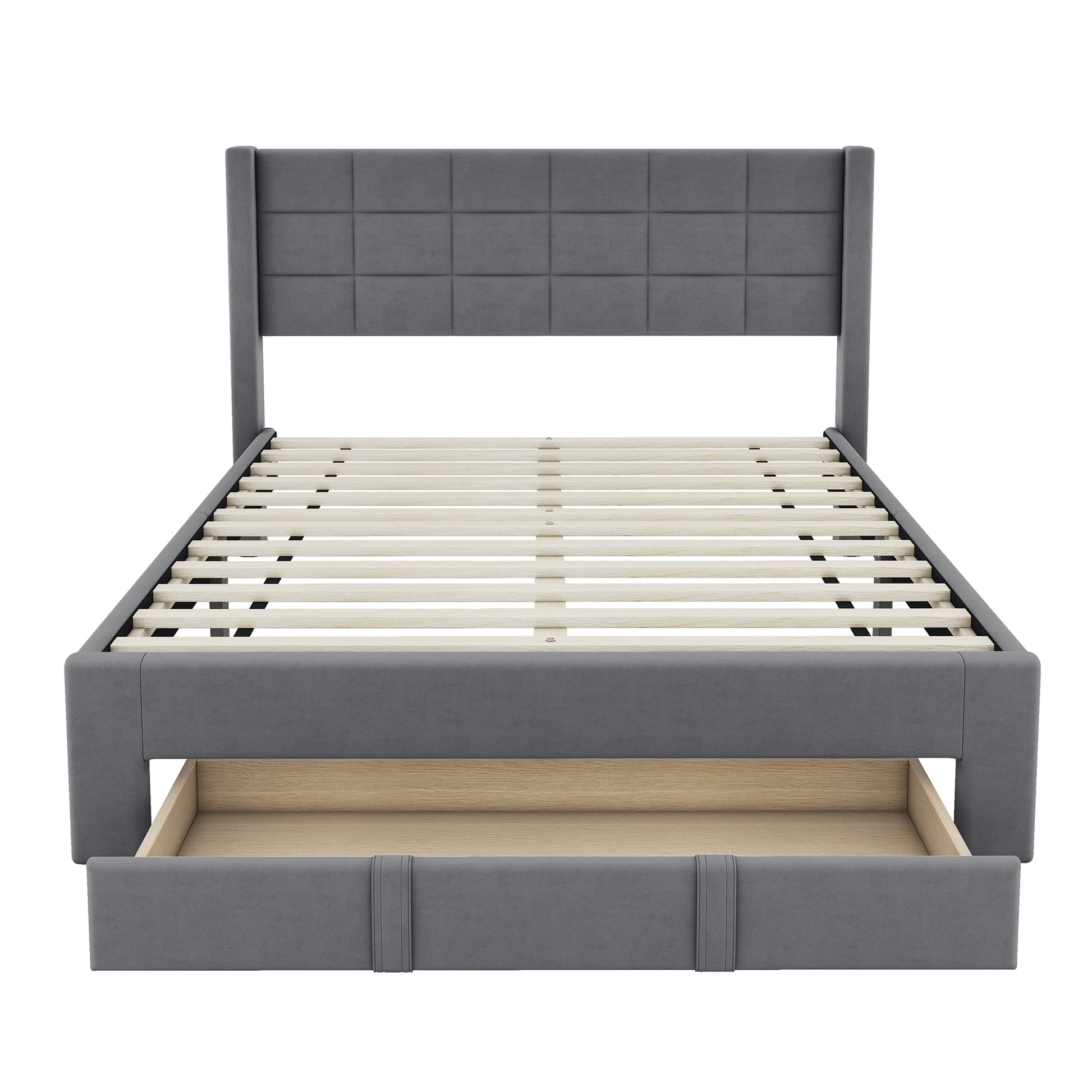 Queen Size Upholstered Platform Bed With A Big Drawer, Gray Box Spring Not Required Queen Gray Wood Bedroom Bed Frame Polyester Upholstered