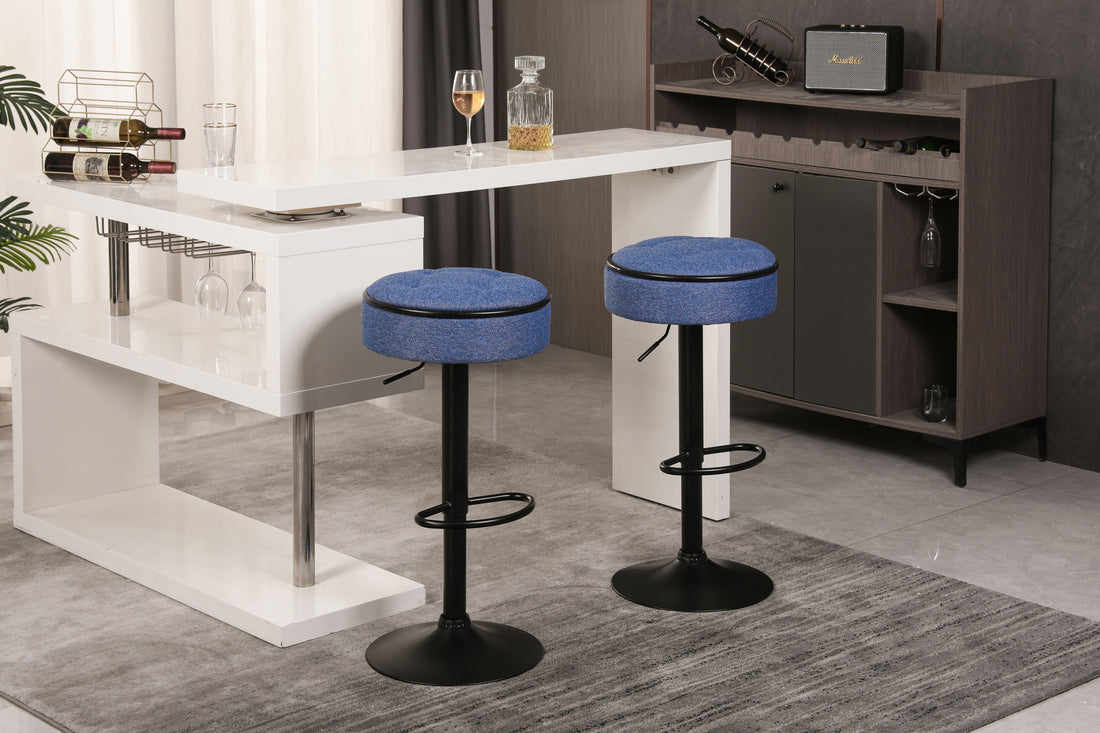 Round Storage Bar Stool Set Of 2, Blue Linen Height Adjustable Barstool, 360 Counter Height Swivel Stool, Armless Bar Chair With Metal Frame For Kitchen Counter Dining Living Room Blue Set Of 2 Foam Linen