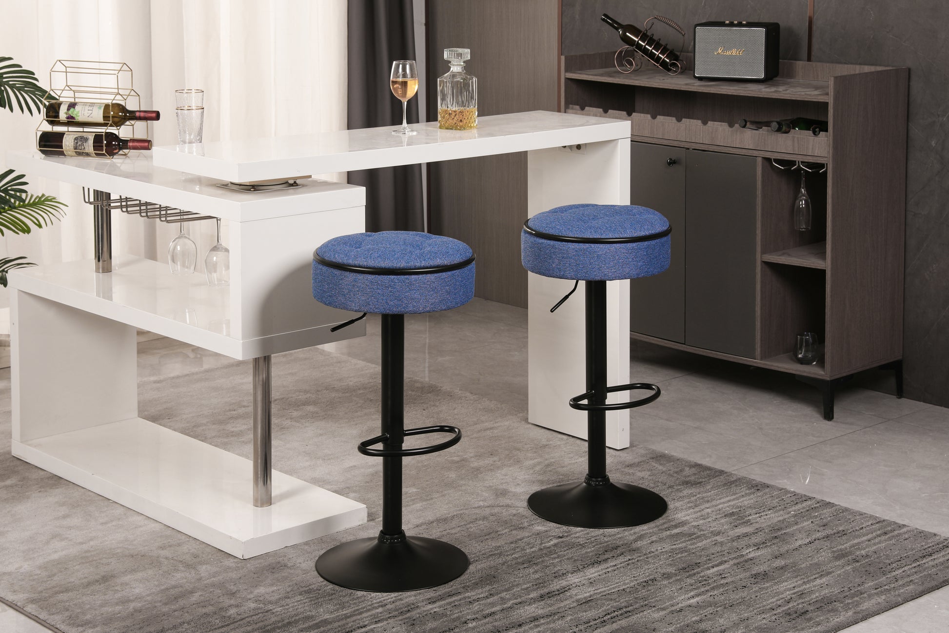 Round Storage Bar Stool Set Of 2, Blue Linen Height Adjustable Barstool, 360 Counter Height Swivel Stool, Armless Bar Chair With Metal Frame For Kitchen Counter Dining Living Room Blue Set Of 2 Foam Linen