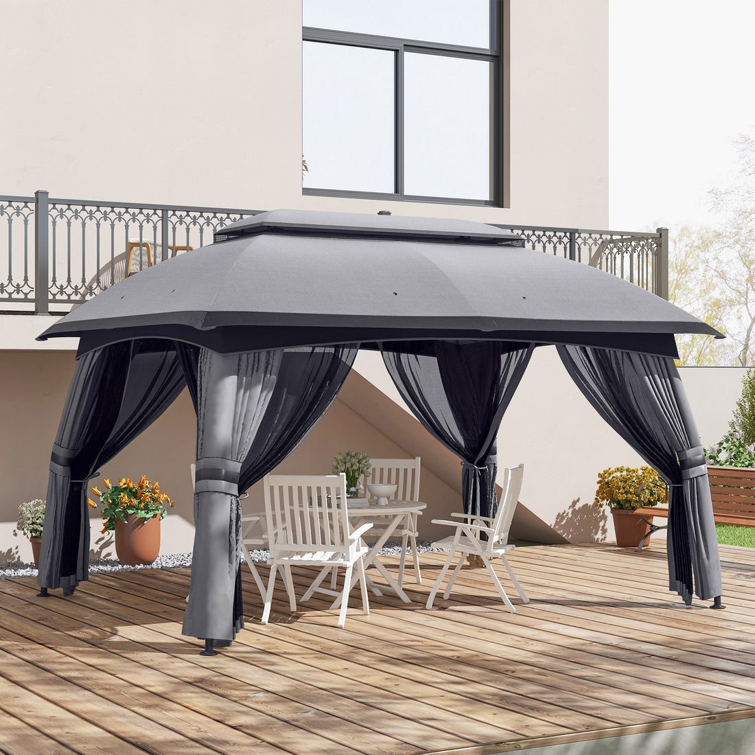 Outsunny 10' X 13' Patio Gazebo, Outdoor Gazebo Canopy Shelter With Netting, Vented Roof, Steel Frame For Garden, Lawn, Backyard, And Deck, Dark Gray Gray Steel