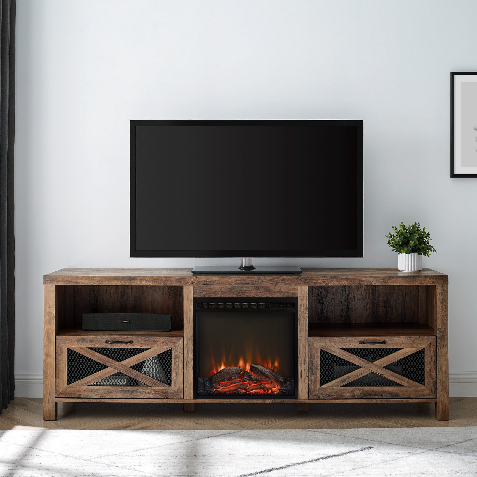 Industrial Farmhouse Metal Mesh Drop Down X Door 70" Fireplace Tv Stand For 80" Tvs Rustic Oak Oak Mdf