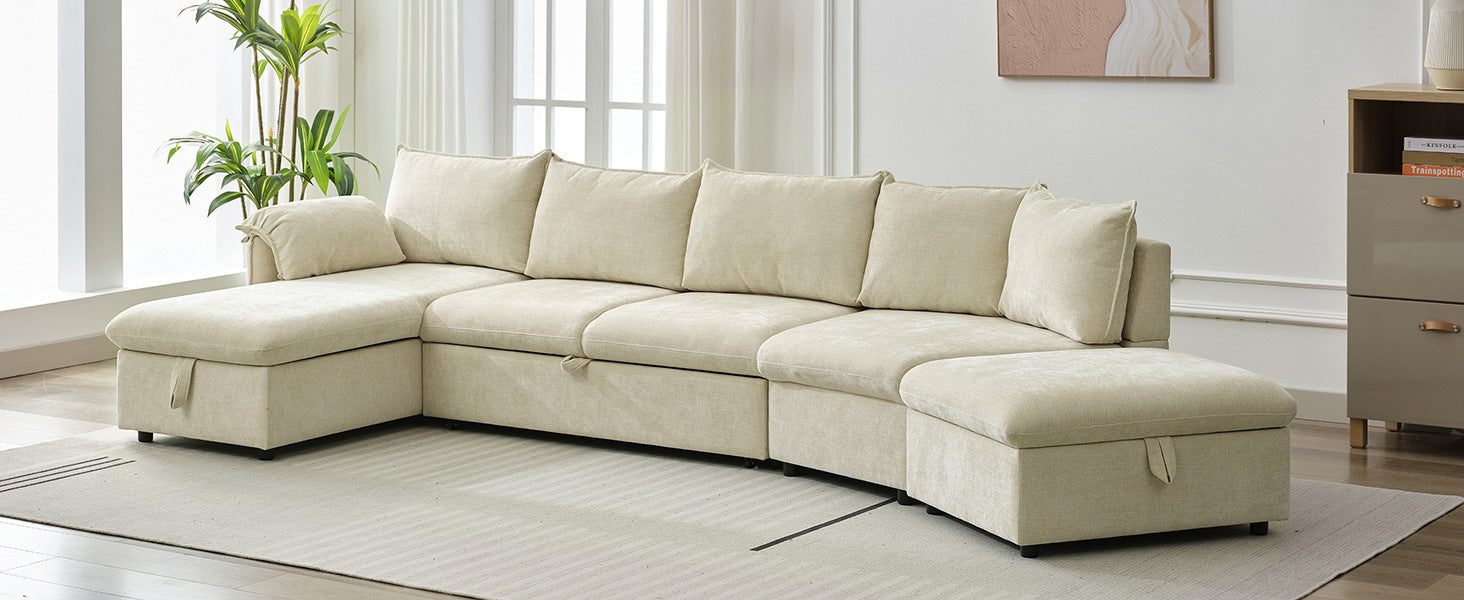 146.9" L Shaped Sofa Sectional Sofa Couch Pull Out Sofa Bed With A Movable Storage Ottoman, A Storage Chaise Lounge And Two Usb Ports For Living Room, Beige Beige Foam Linen 5 Seat