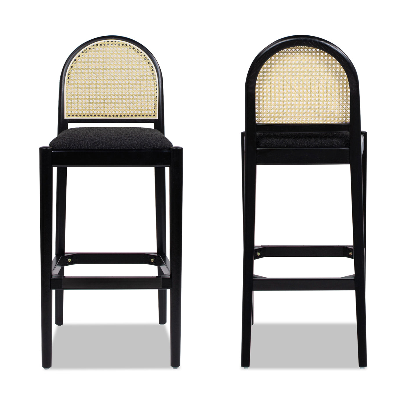 Panama 30.5" Curved Back Cane Rattan Bar Stool, Set Of 2, Ebony Black Boucle Black Foam Wood Fabric Rattan