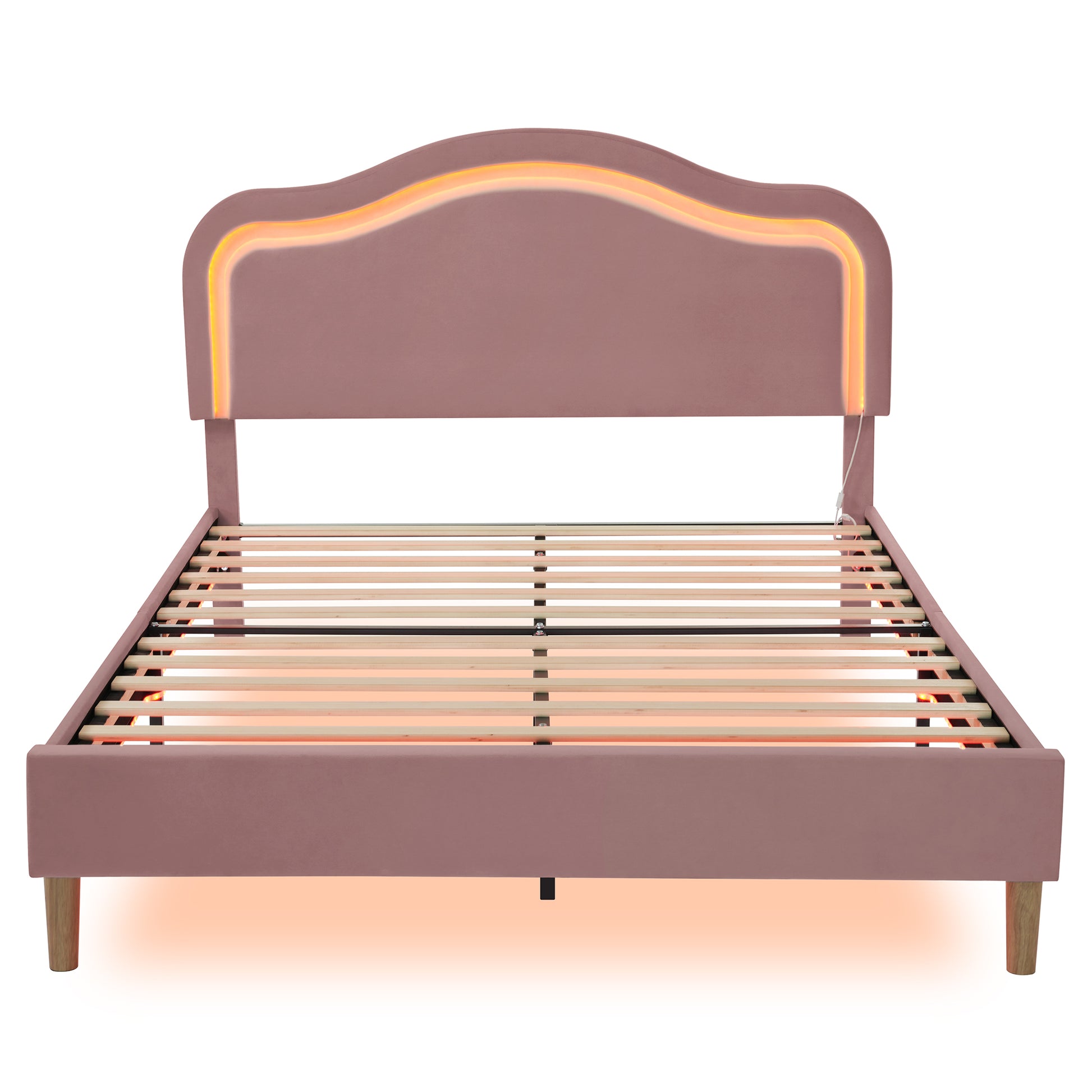 Full Size Velvet Upholstered Smart Led Bed Frame With Adjustable Height Headboard,No Box Spring Needed,Easy Assembly,Pink Box Spring Not Required Full Pink Wood Bedroom Cute,Modern Bed Frame Wood