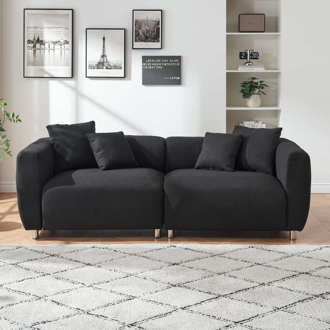 89 Inch Sofa For Living Room, Fashion Sofa With Metal Legs, 3 Seater Sofa, Solid Wood Frame Couch With 4Pillows, For Apartment Office Living Room Black Black Cotton Linen,Teddy 3 Seat