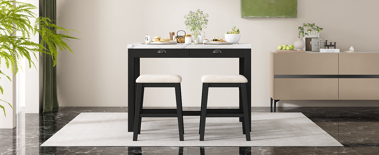 3 Piece Modern Faux Marble Versatile Bar Table Set With Storage Drawers And Padded Stools, Ideal For Space Saving Dining Nooks Or Small Kitchens Black Black Solid Wood Mdf