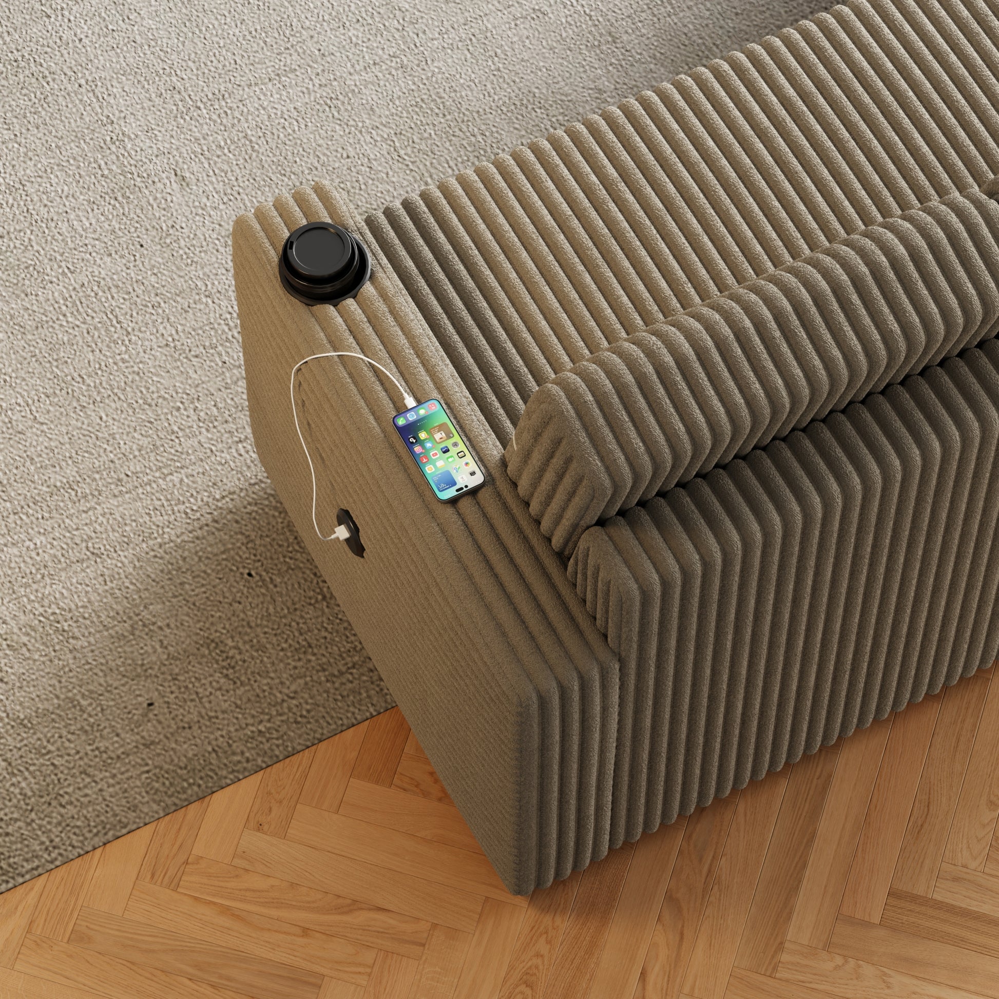 85 Inches Corduroy Sofa Bed, 3 Seater Sleeper Sofa With Storage Chaise, Square Handrail With Two Cup Holder And Usb Charge Port, Pull Out Couch For Living Room Brown Corduroy 3 Seat