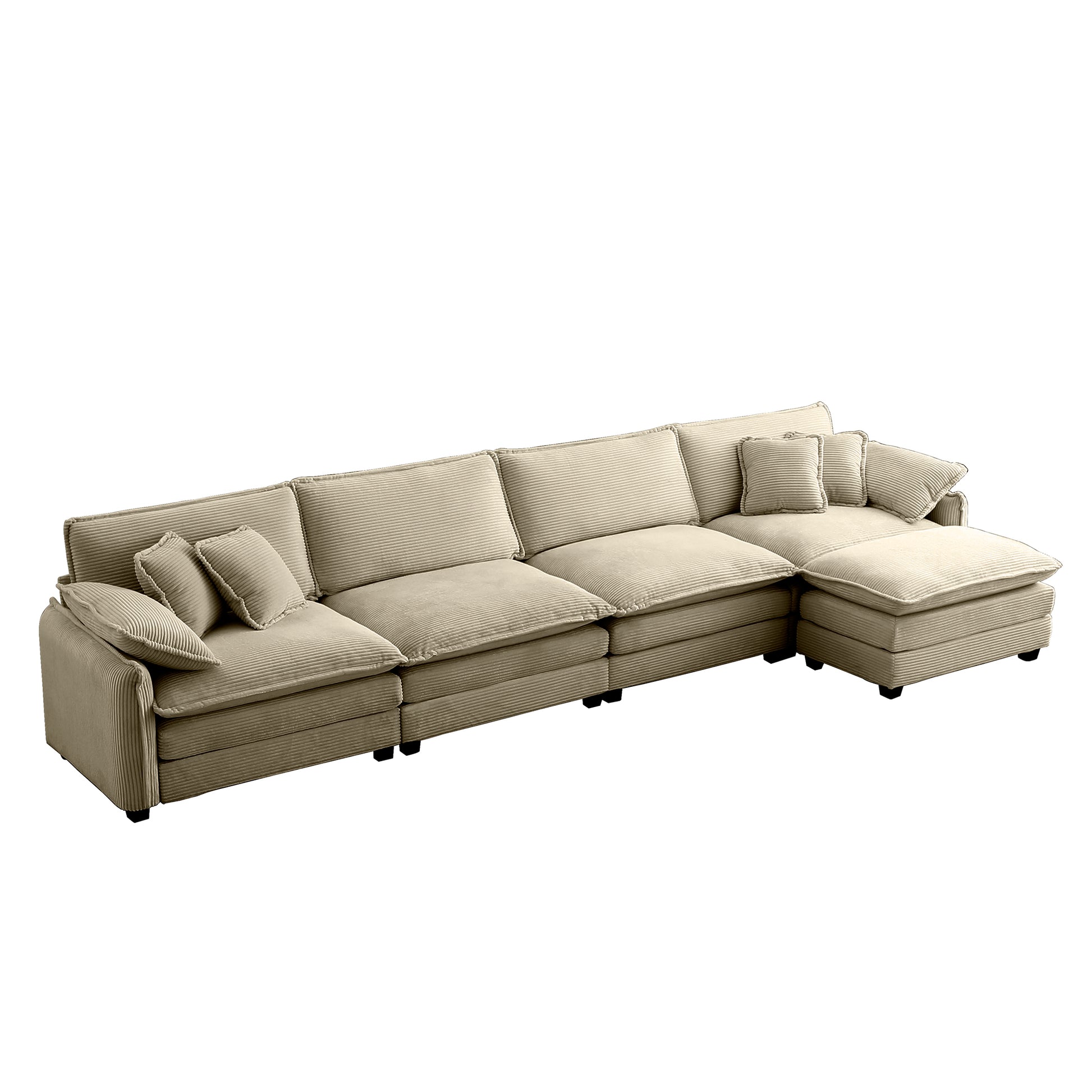 Corduroy Sofa Modern Upholstered 4 Seater With With 1 Footstool Corduroy Fabric Sofa,Office Living Room Apartment Comfort Sofa, Easy To Assemble With 2 Arm Pillows And 4 Throw Pillows Tan Corduroy 4 Seat