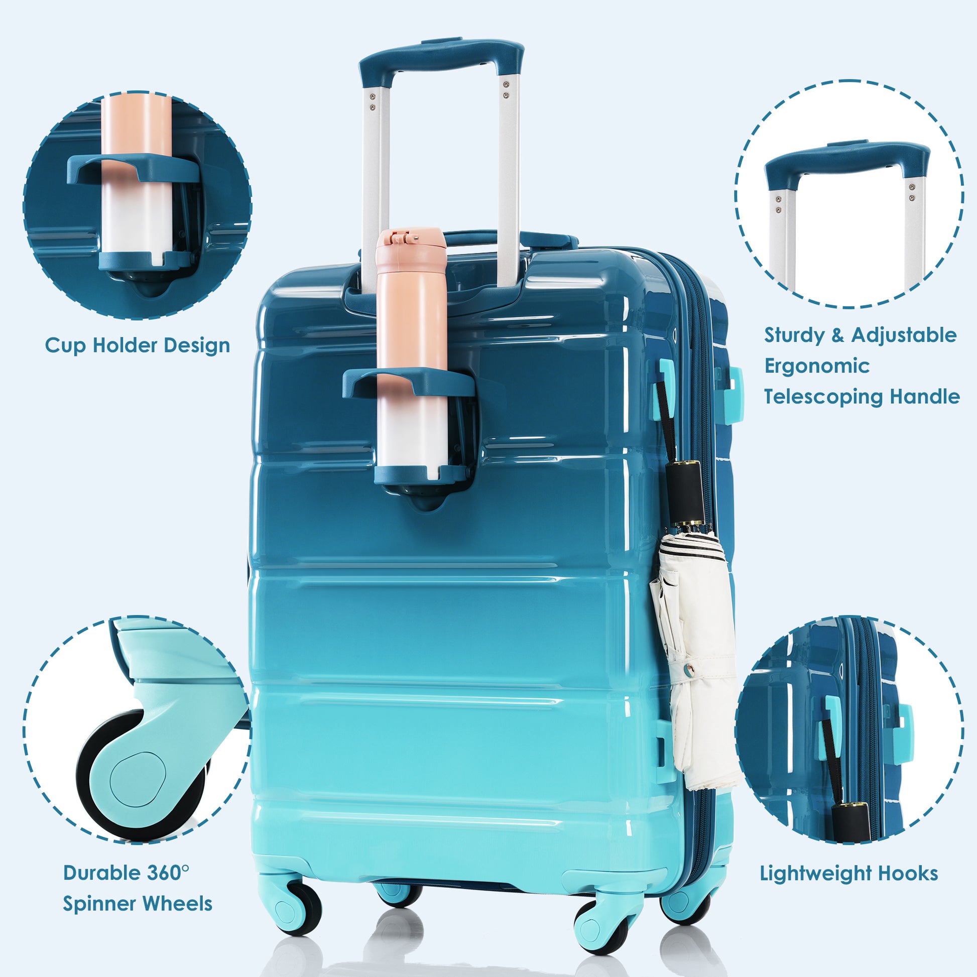 Luggage Set Of 3, 20 Inch With Usb Port, Airline Certified Carry On Luggage With Cup Holder, Abs Pc Hard Shell Luggage With Spinner Wheels, Blue Blue Abs Pc