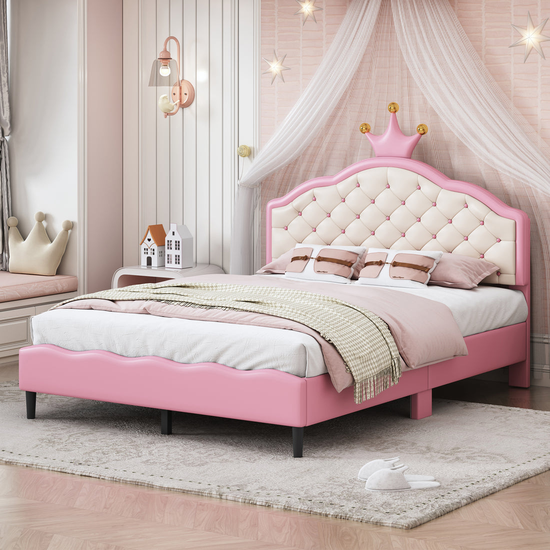 Full Size Lovely Crown Fantasy Pu Leather Princess Bed With Tufted Headboard, Pink Cream Full Pink Mdf Lvl