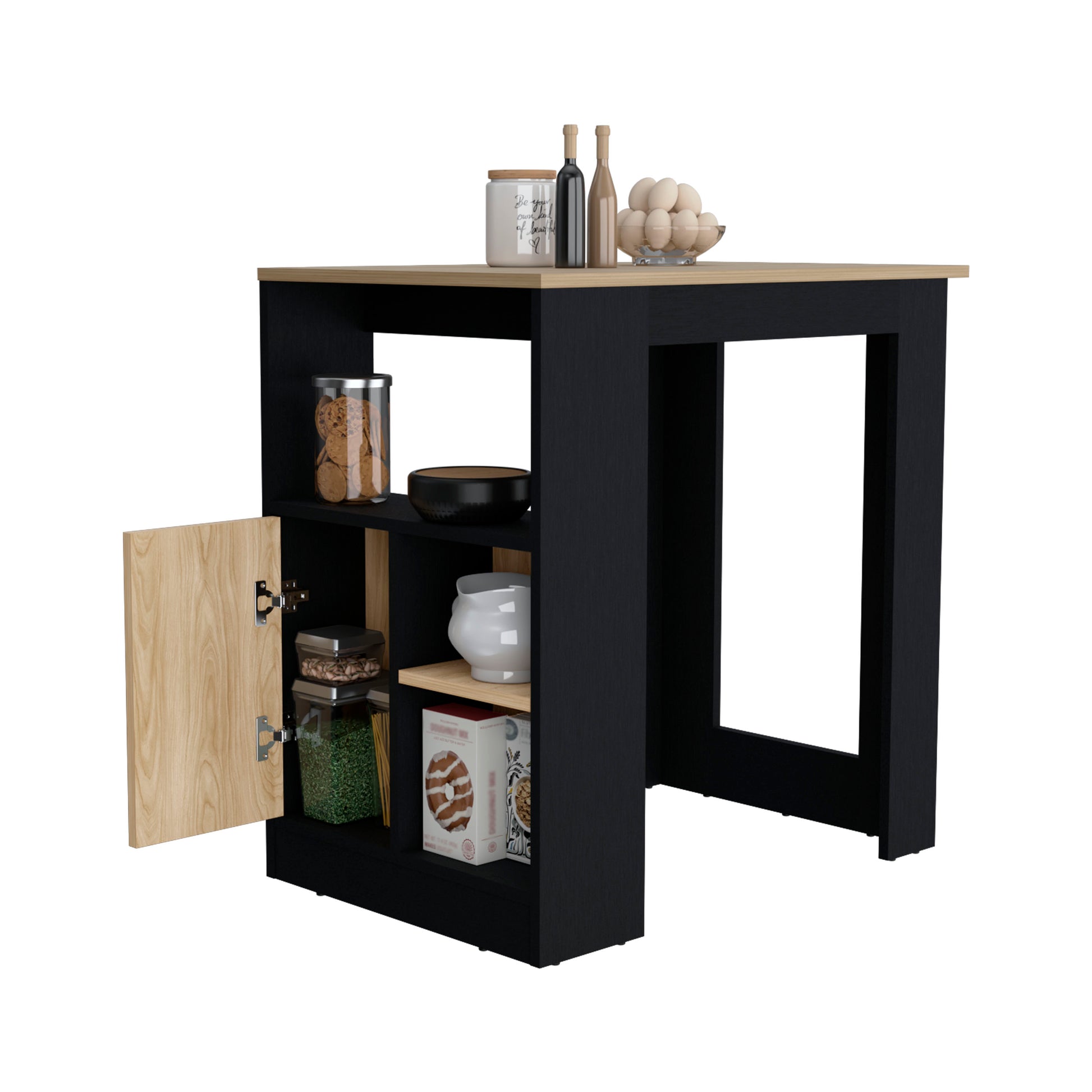 Stirling Kitchen Island With 1 Door Cabinet Push To Open System And Side Shelves Black Natural Oak Black Particle Board