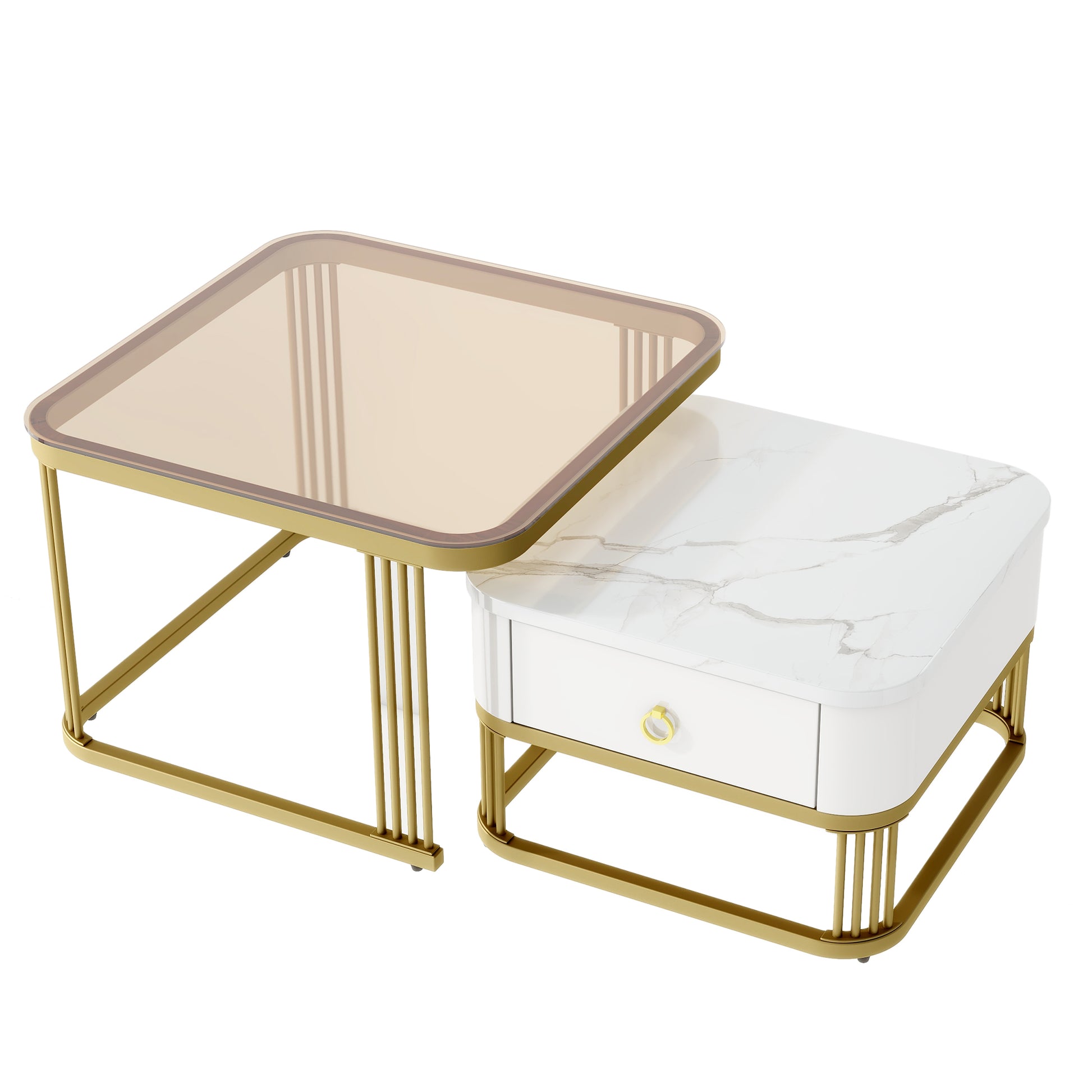 Nesting Coffee Table With Drawer, Set Of 2, Exquisite Square Stacking Coffee Tables With Brown Tempered Glass, Side Table With High Gloss Marble Grain Tabletop For Living Room, White White Gold Primary Living Space Drawers Square Mdf Steel