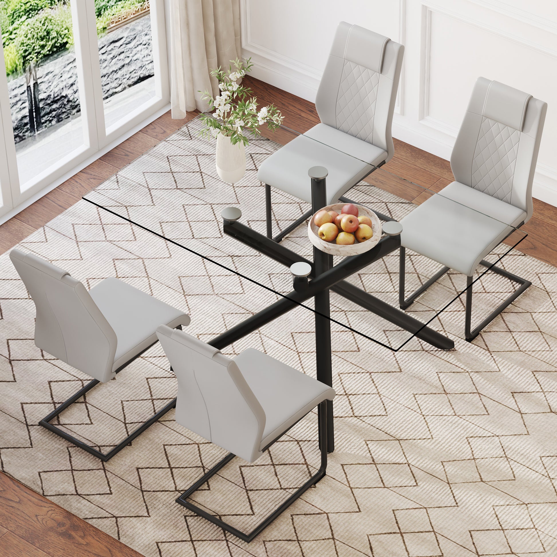 Table And Chair Set.Modern Rectangular Glass Dining Table With 0.39" Tempered Glass Tabletop And Black Metal Legs.Paired With Multiple Chairs Designed With Pu Cushions And Black Metal Legs. Black Grey Seats 4 Tempered Glass