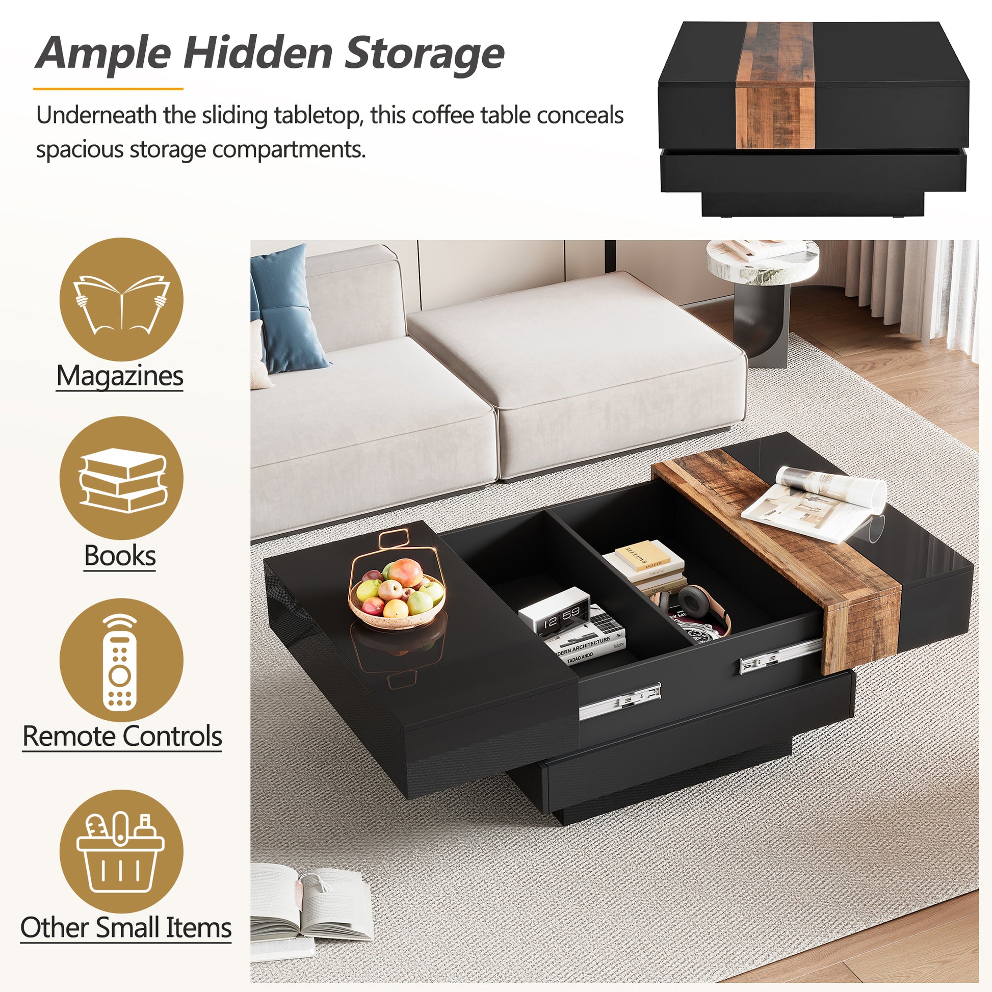 31.4'' X 31.4'' Square Coffee Table With Sliding Tabletop, High Gloss Center Table With Hidden Storage Compartment, Extendable Cocktail Table With Walnut Grain Finish For Living Room, Black Black Square Mdf