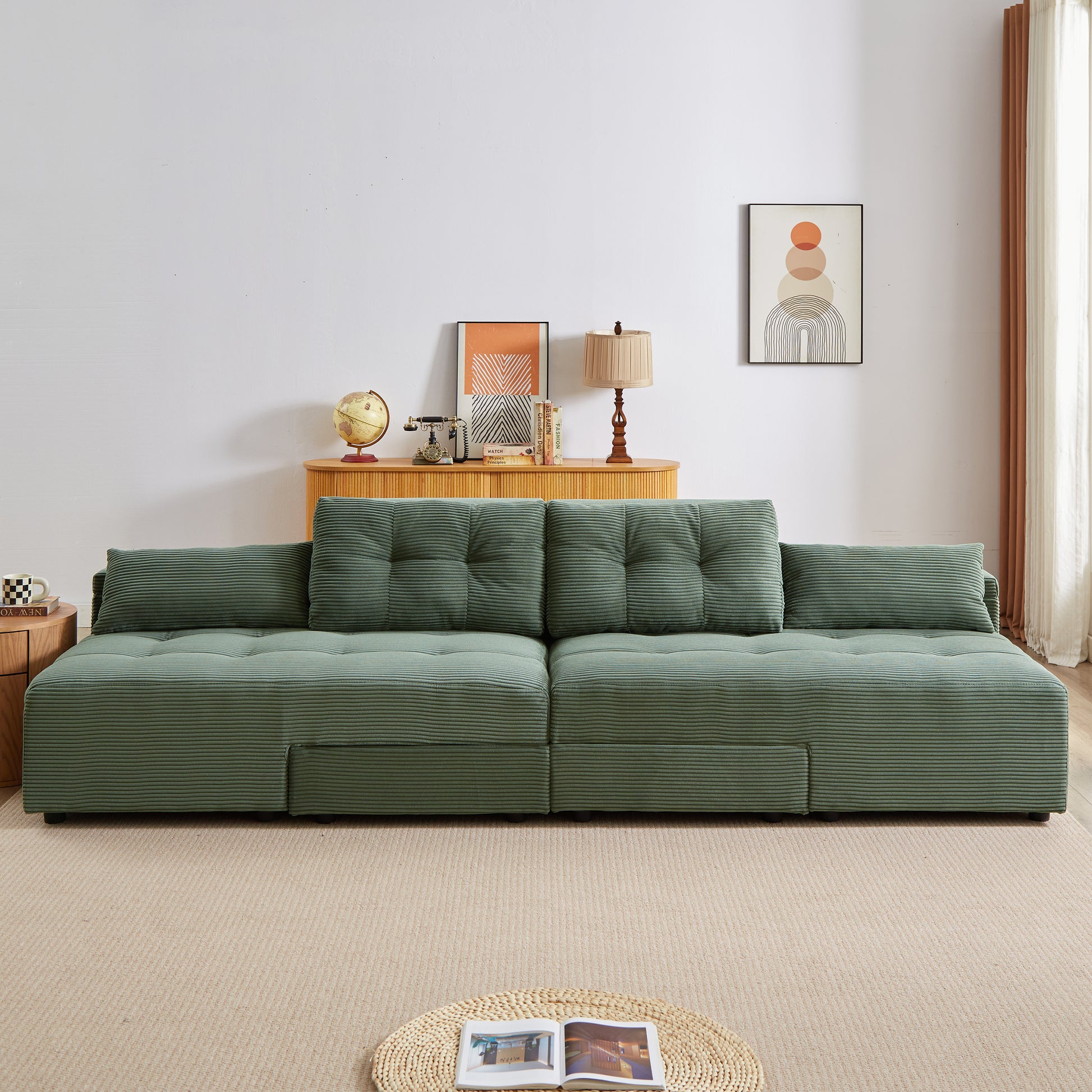 Convertible 3 In 1 Sleeper Sofa And Sectional Sofa With 4 Storage Space For Living Room,Corduroy Couch With 4 Pillows,Corduroy Army Green Corduroy 3 Seat