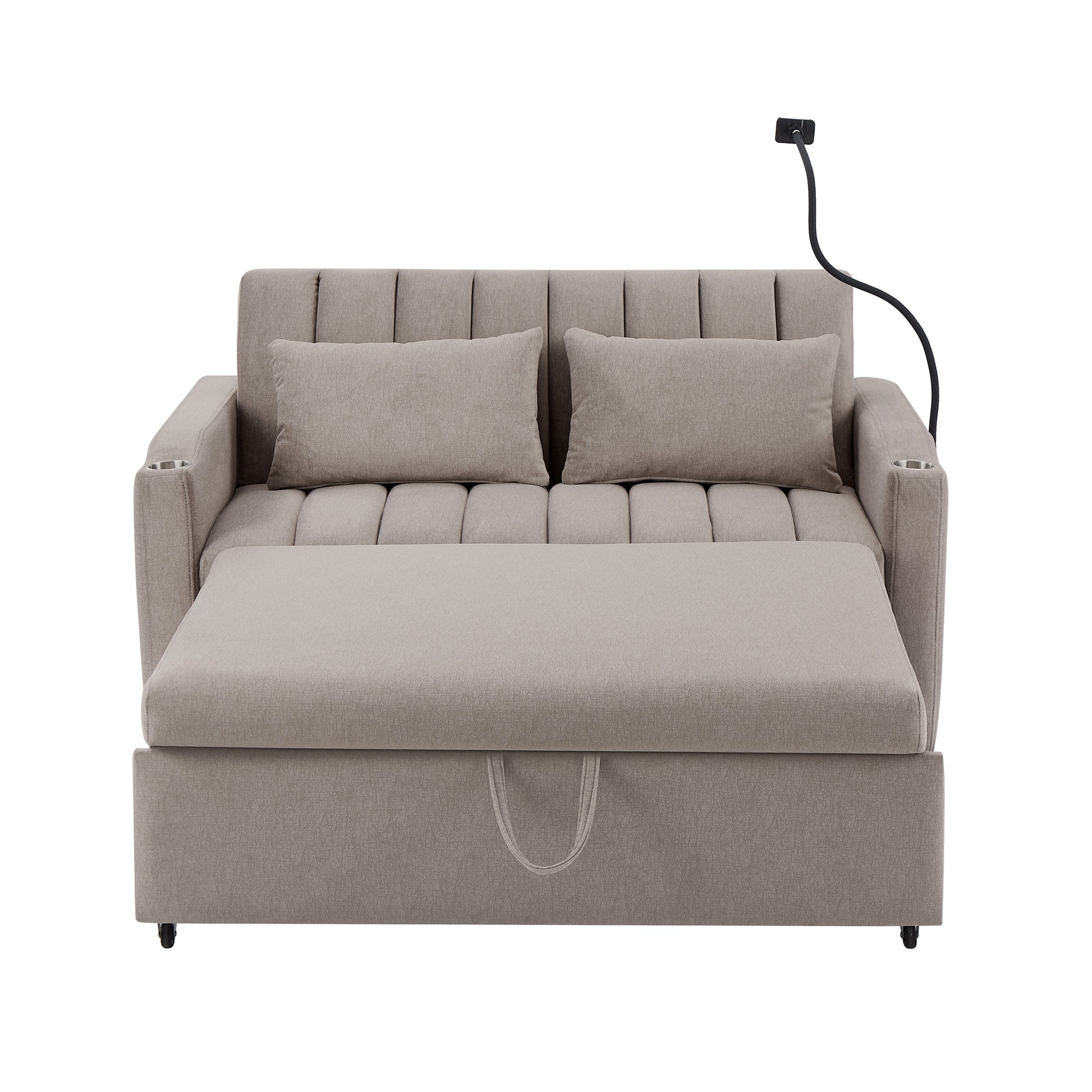 55.9" Convertible Sofa Bed Loveseat Sofa With Three Usb Ports, Two Side Pockets, Two Cup Holders And 360 Swivel Phone Holder For Living Room, Light Grey Light Grey Foam Polyester 2 Seat