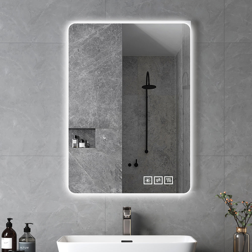 23.6X31.5Inch No Frame With Lamp Round Corner Bathroom Mirror Silver Modern Glass