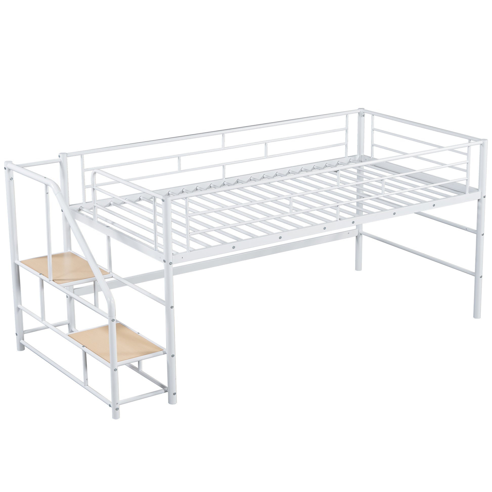 Mid Loft Bed With Storage Stairs, Twin, White Twin White Mdf Metal