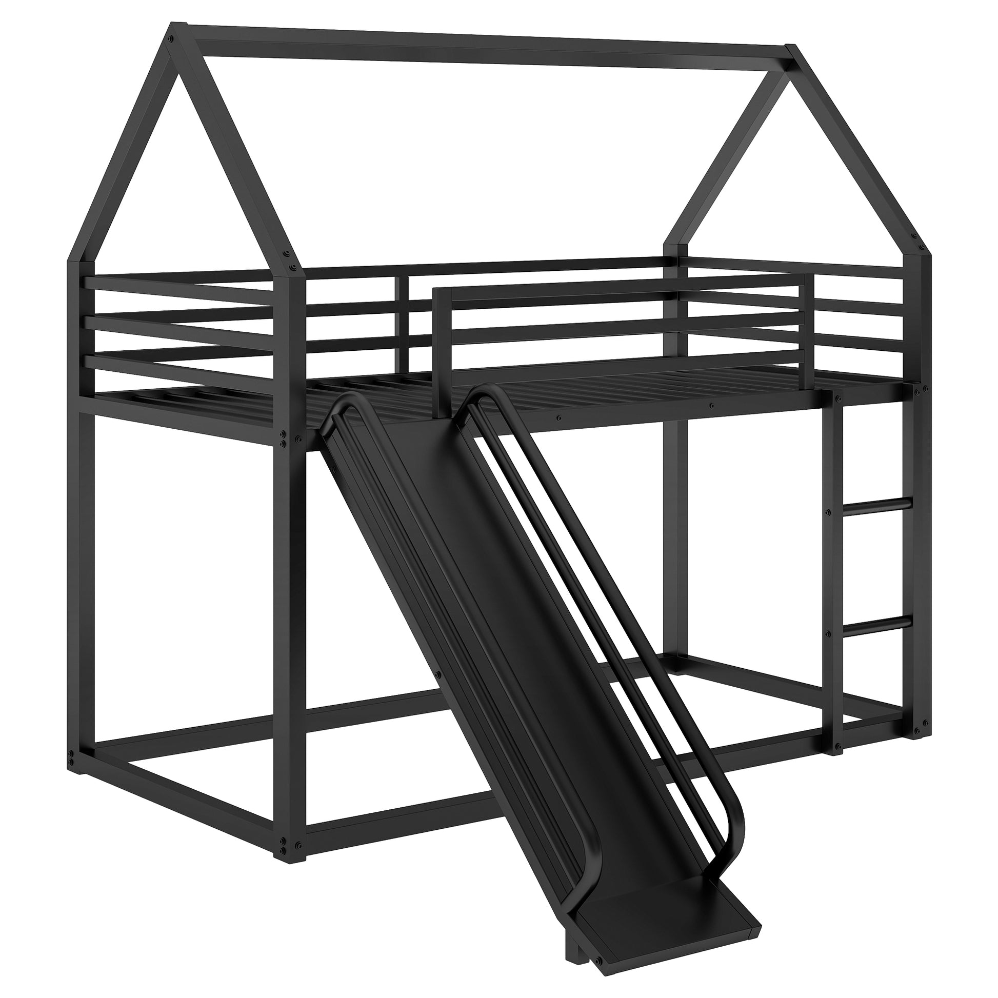 Twin Over Twin House Bunk Bed With Ladder And Slide,Black Twin Black Metal