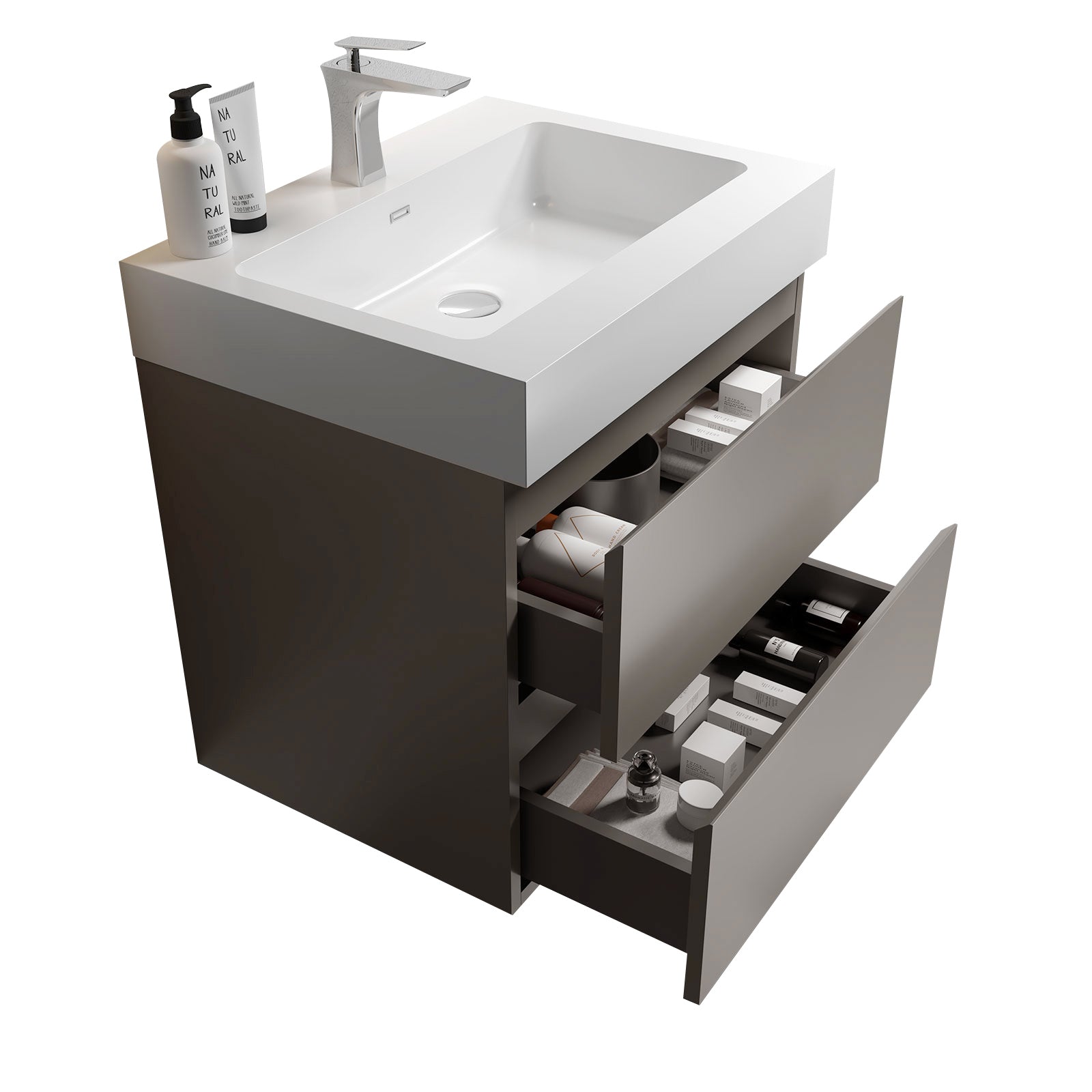 Alice 24" Gray Bathroom Vanity With Sink, Large Storage Wall Mounted Floating Bathroom Vanity For Modern Bathroom, One Piece White Sink Basin Without Drain And Faucet, Pre Assembled Gray Bathroom Modern Particle Board