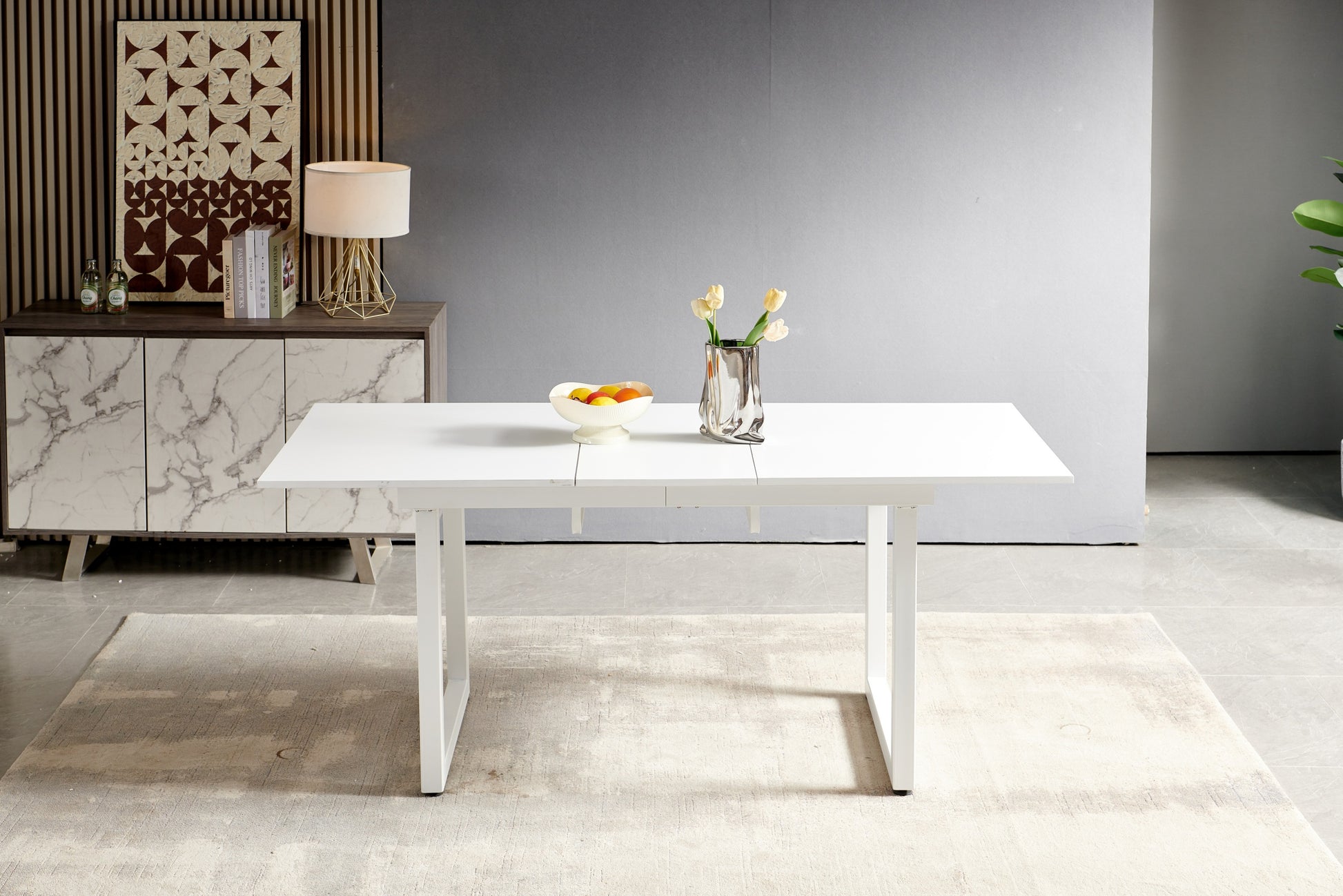White Color,Square Extendable Dining Table With Metal Leg,Modern Space Saving Kitchen Table For Living Room 70.86" W X 31.5" D X 29.5" H Antique White Mdf Metal