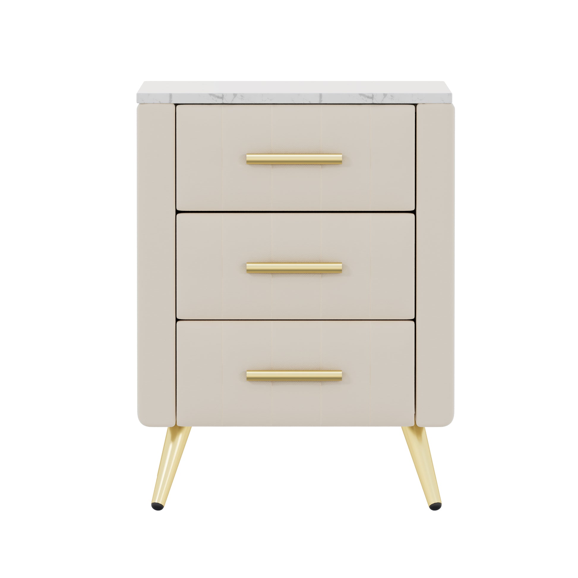 Upholstered Wooden Nightstand With 3 Drawers And Metal Legs&Handles, Bedside Table With Marbling Stickers Worktop Beige Beige Velvet