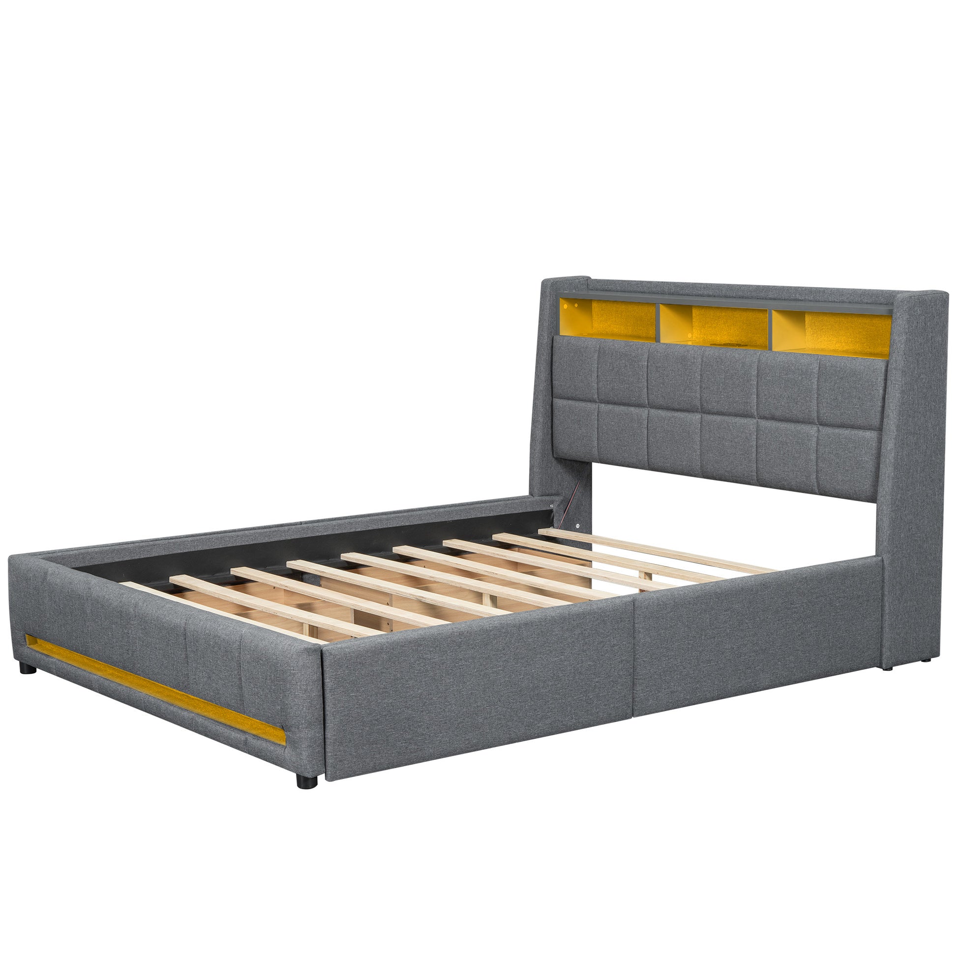 Queen Size Upholstered Platform Bed With Storage Headboard, Led, Usb Charging And 4 Drawers, Gray Queen Box Spring Not Required Gray Wood Linen Upholstered