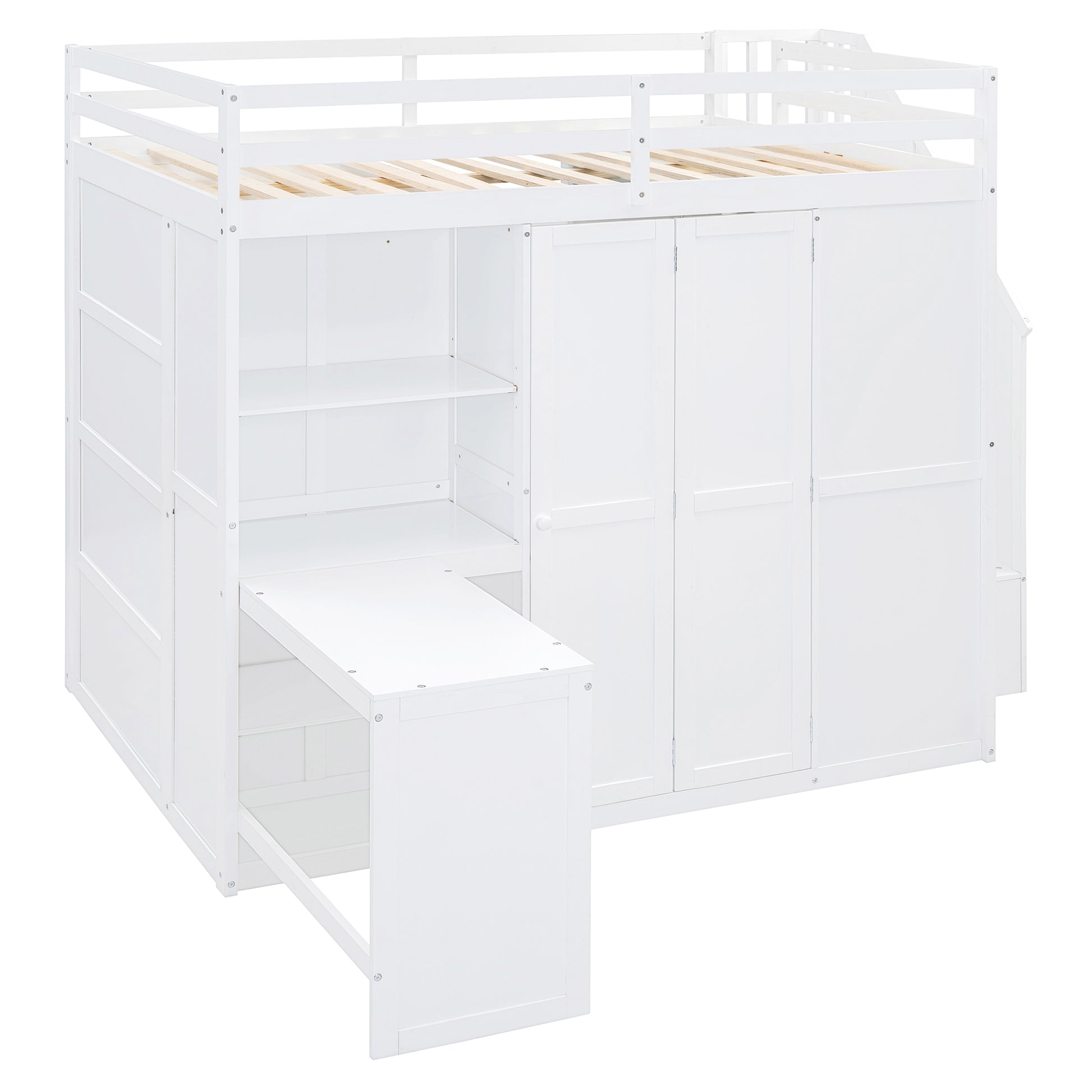 Full Size Bunk Bed With Wardrobe,Desk And Shelves,White White Mdf Lvl