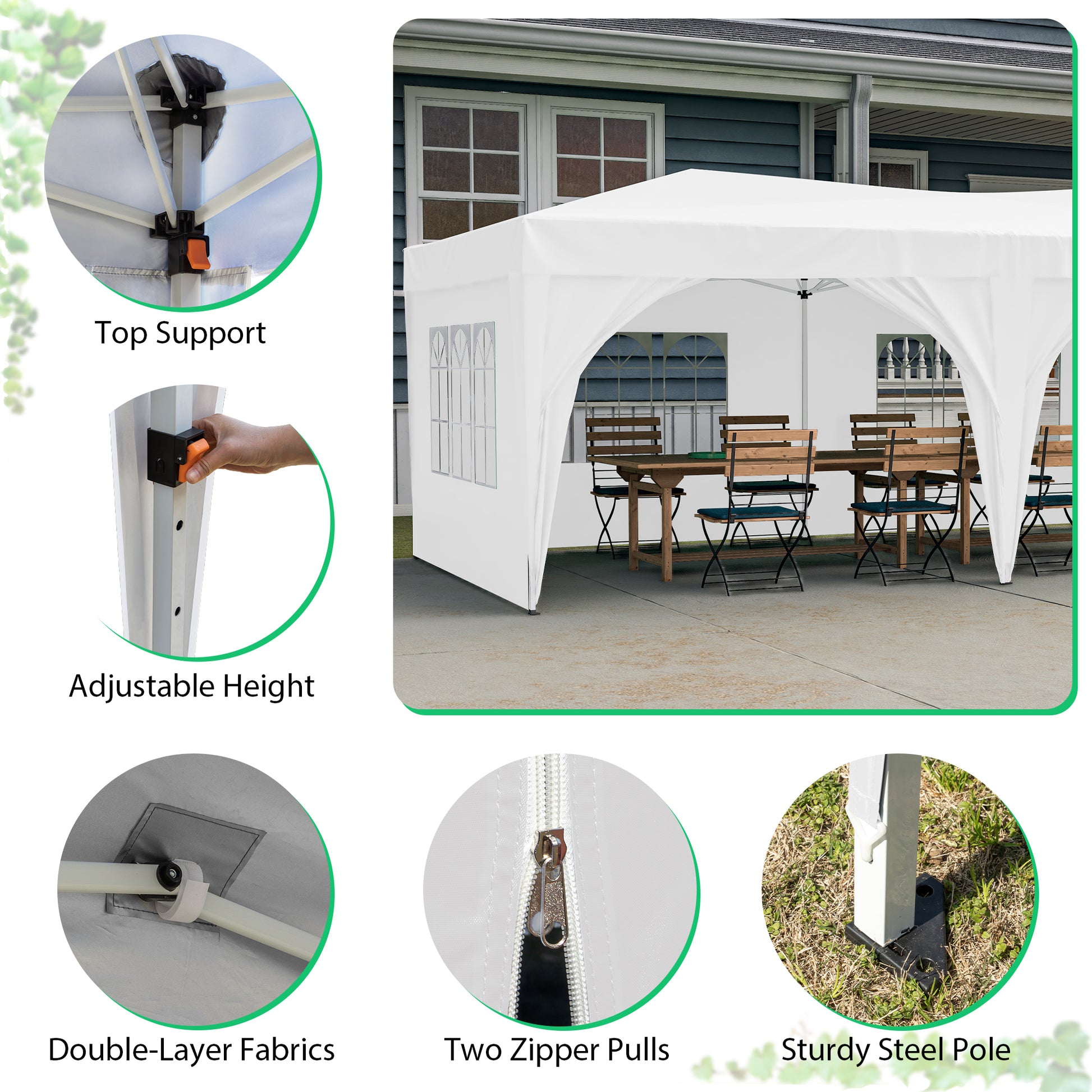 10'X20' Pop Up Canopy Tent With 6 Sidewalls, Ez Pop Up Outdoor Canopy For Parties, Waterproof Commercial Tent With 3 Adjustable Heights, Carry Bag, 6 Sand Bags, 6 Ropes And 12 Stakes, White White Metal