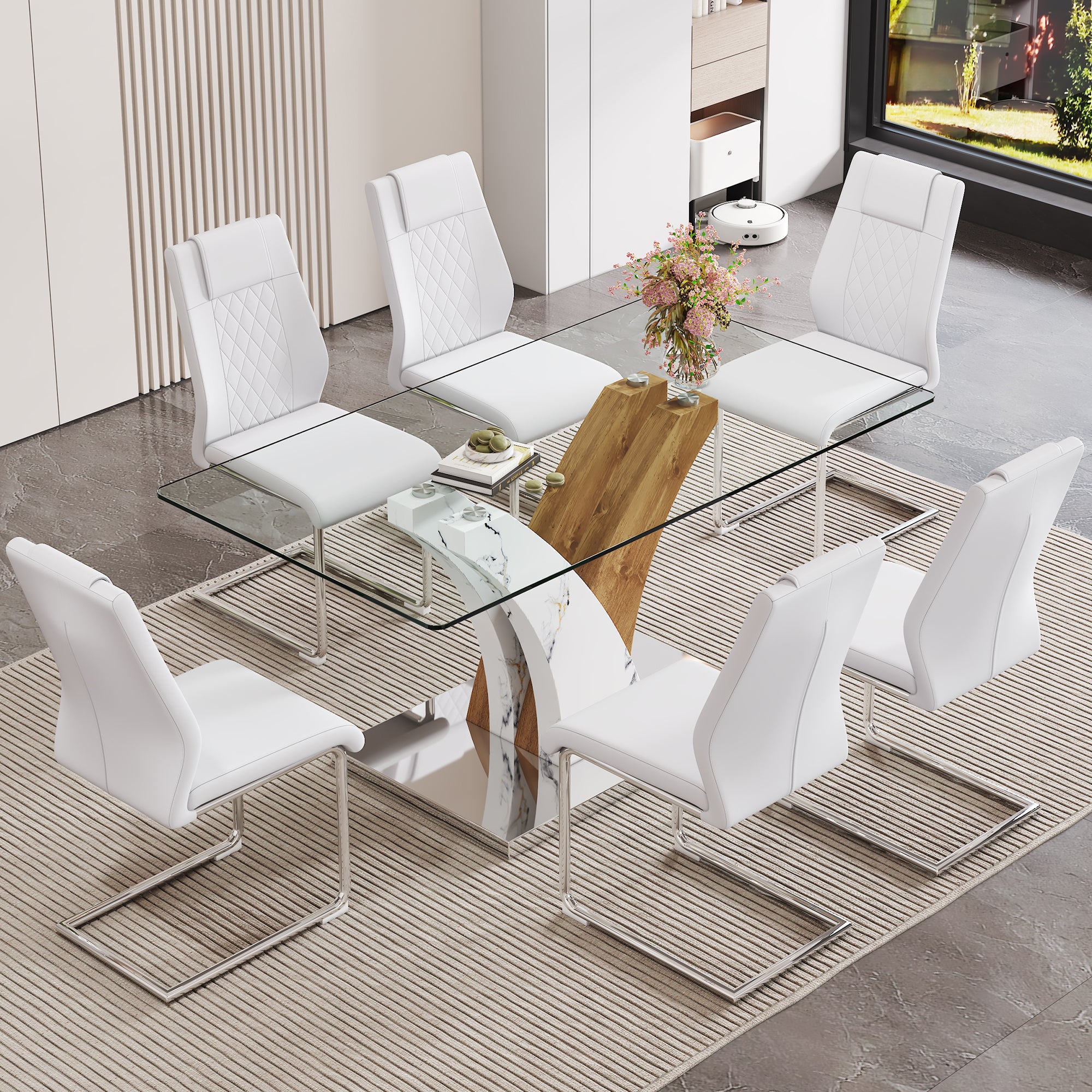 Table And Chair Set.Modern Dining Table, Tempered Glass Countertop With Artistic Mdf Legs.Paried With 6 Comfortable Chairs With Pu Seats And Metal Legs. Suitable For Various Decoration Styles. Transparent,White Seats 6 Mdf Glass