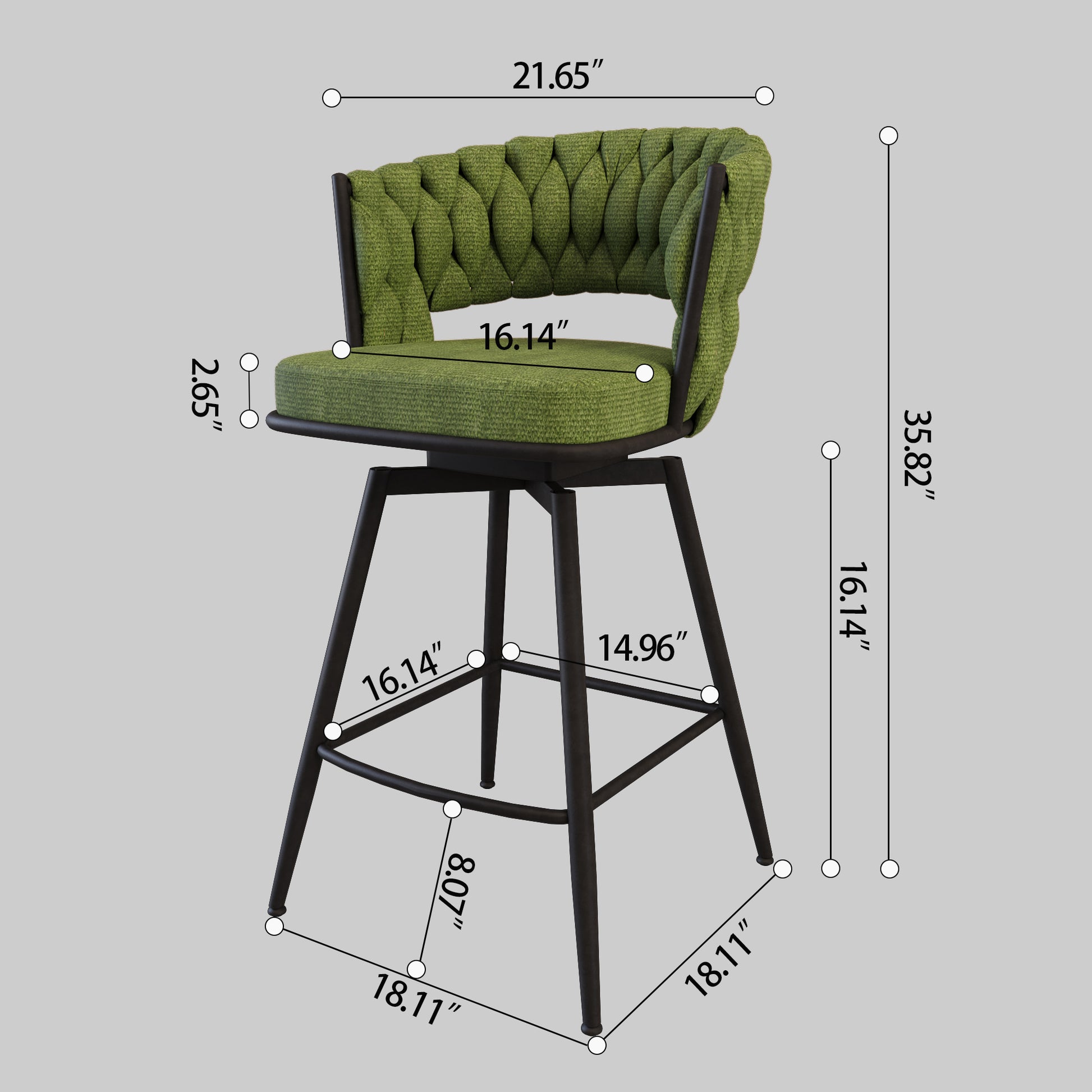 Bar Chair Linen Woven Bar Stool Set Of 2, Black Legs Barstools No Adjustable Kitchen Island Chairs,360 Swivel Bar Stools Upholstered Bar Chair Counter Stool Arm Chairs With Back Footrest, Green Green Foam Linen