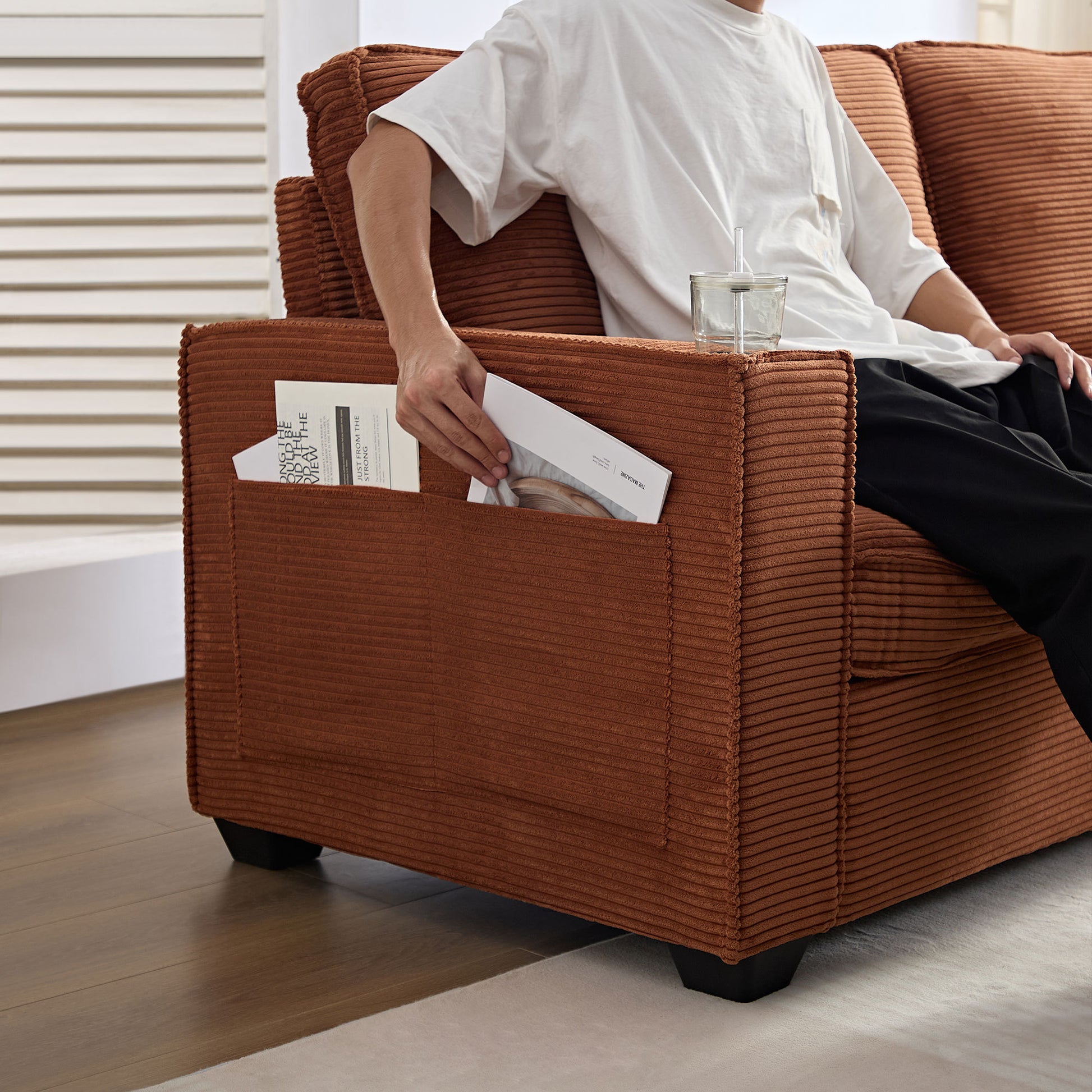 Corduroy Sofa, 87.4 Inch Modern Design Sofa With Cup Holder And Storage Bags, Deep Seat Sofa Couch,Comfy Couch For Living Room,Apartment,Brown Brown Corduroy 3 Seat