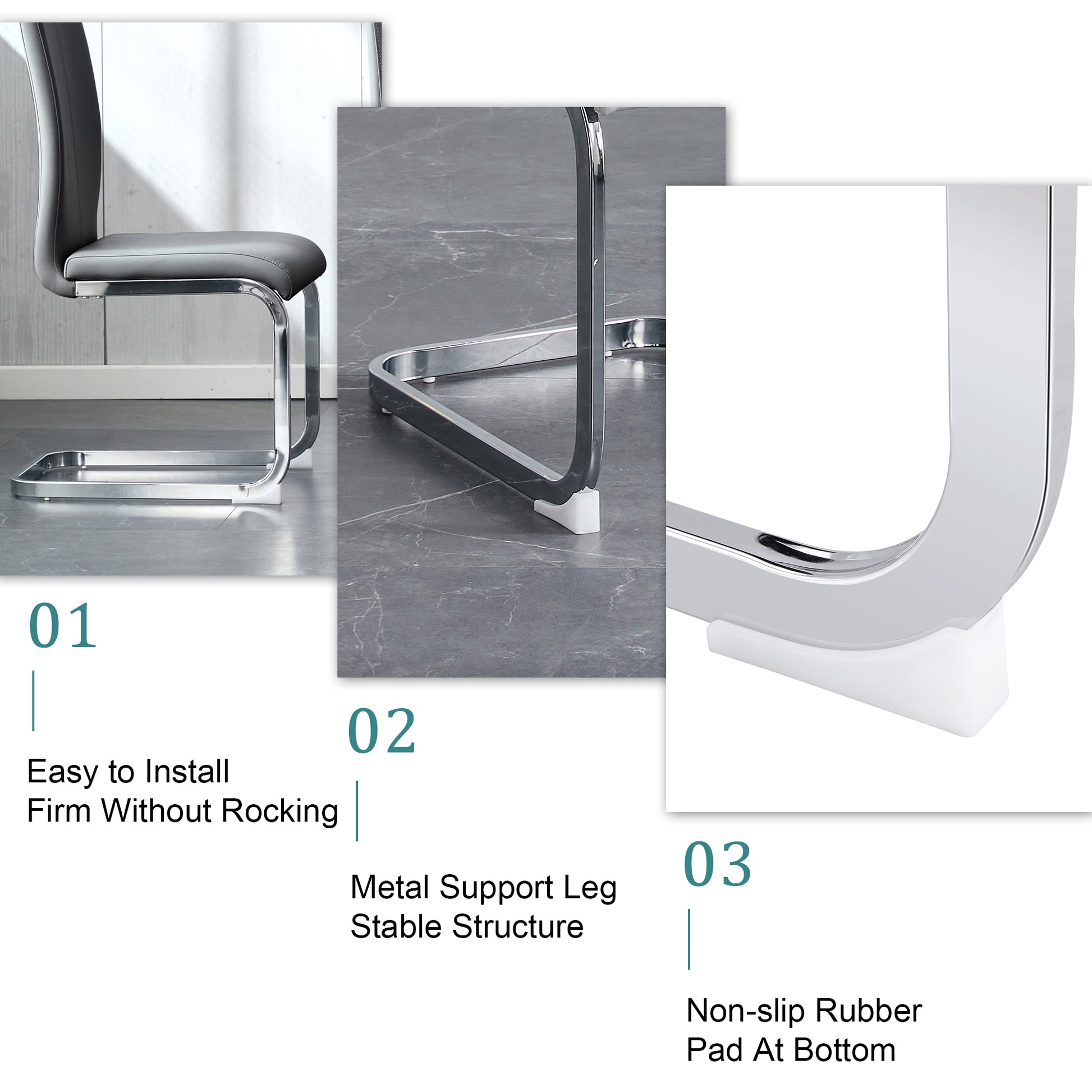 Table And Chair Set. Large Modern Rectangular Table With Glass Top And Silver Metal Legs. Furnished With Soft And Comfortable Pu Chairs With Faux Leather Upholstered Seats And Silver Metal Legs. Gray Silver Seats 6 Glass Metal