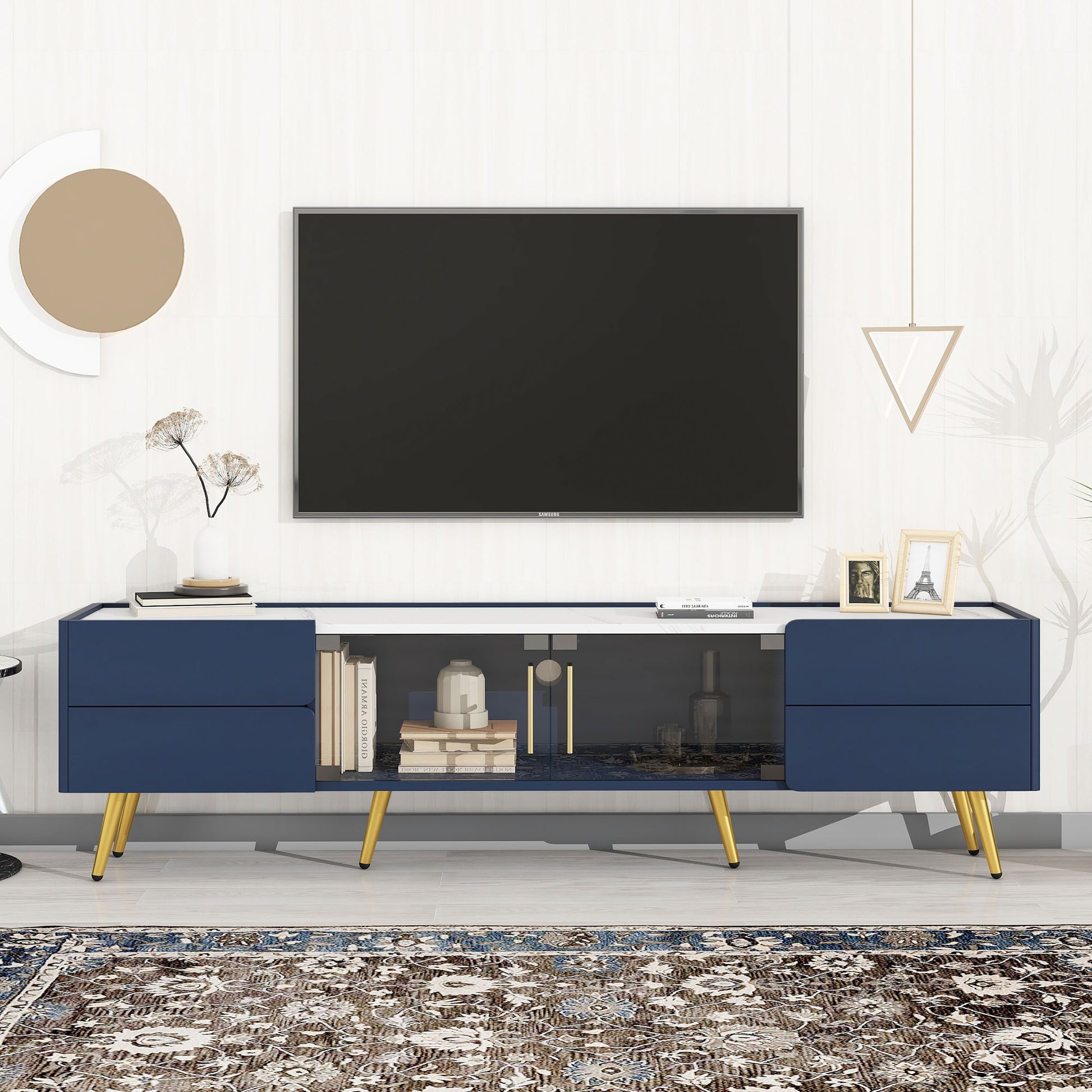 Modern Tv Stand With Led Lights For Tvs Up To 80 Inches, Entertainment Center With 4 Drawers And 1 Cabinet With Brown Glass Door, Media Console With Metal Legs And Handles For Living Room Blue 70 79 Inches Mdf