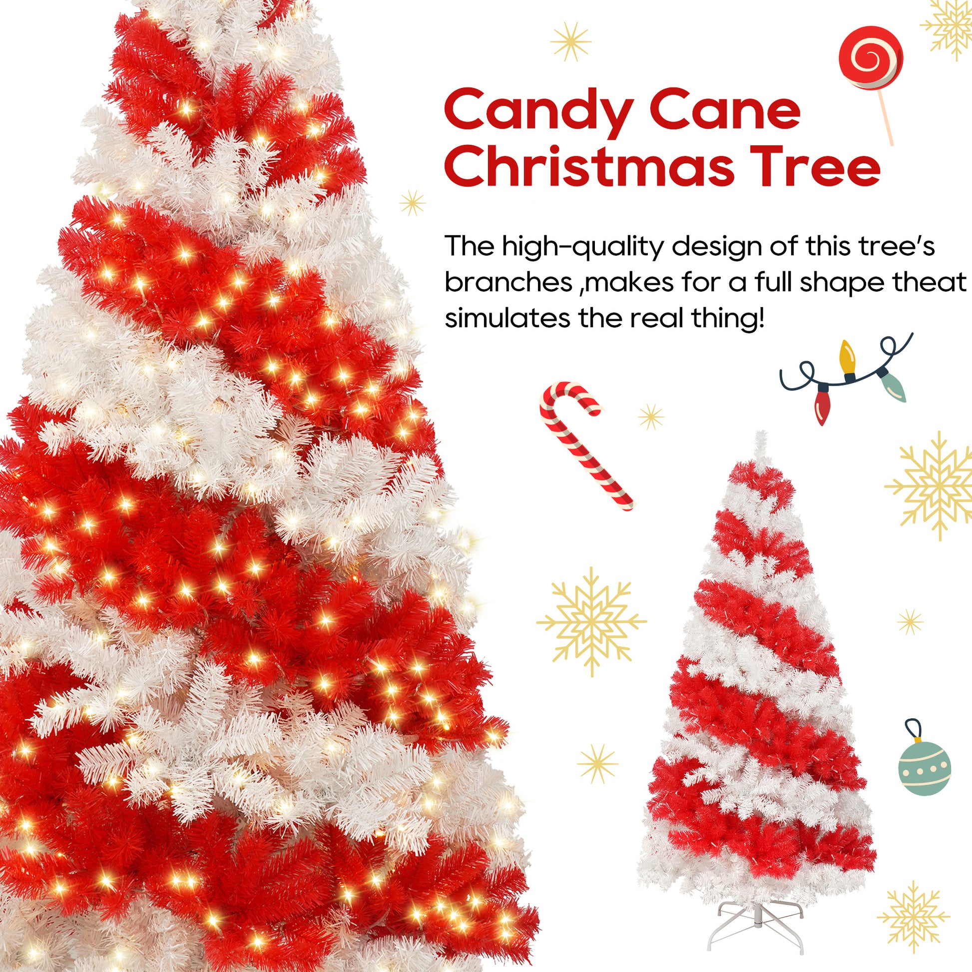 6Ft Artificial Christmas Tree With 300 Led Lights And 900 Bendable Branches, Candy Cane Christmas Tree Holiday Decoration, Creative Decorated Trees, Xmas Tree Christmas Decorations Red,White Pvc