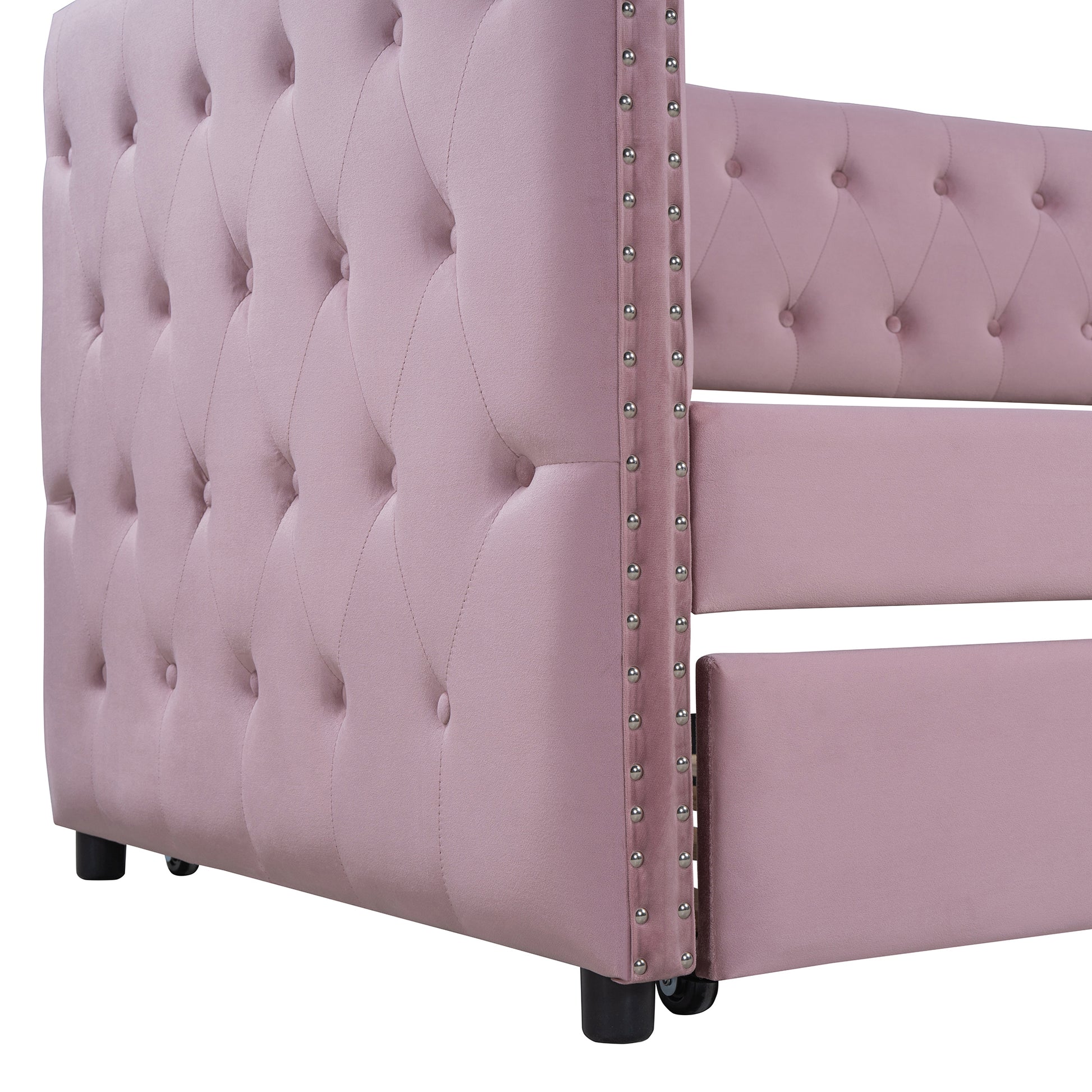 Twin Size Tufted Upholstered Daybed With Trundle, Velvet Sofabed With Rivet Design, No Box Spring Needed,Pink Twin Pink Velvet