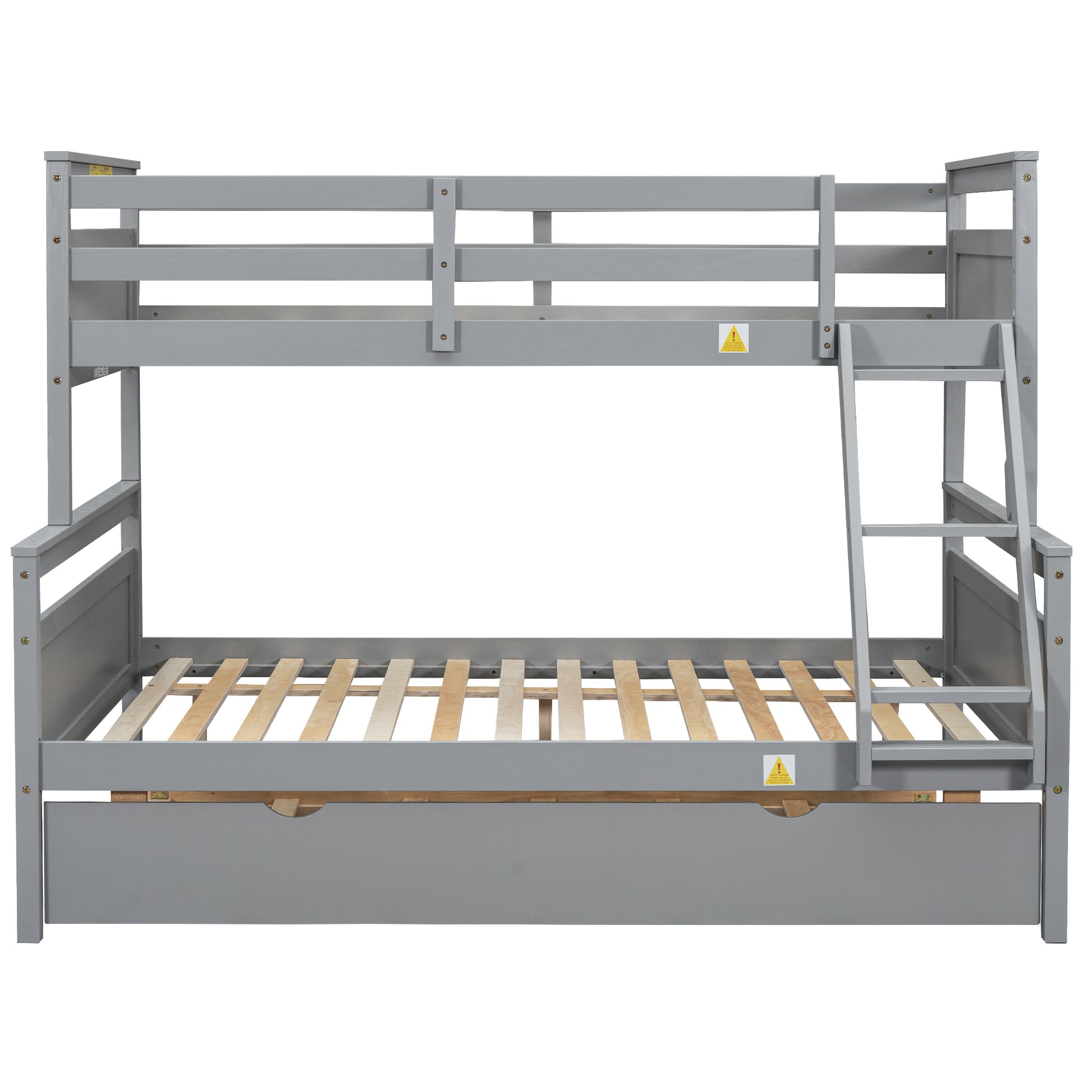 Twin Over Full Bunk Bed With Ladder, Twin Size Trundle, Safety Guardrail, Gray Box Spring Not Required Twin Gray Wood Bedroom Bunk Pine