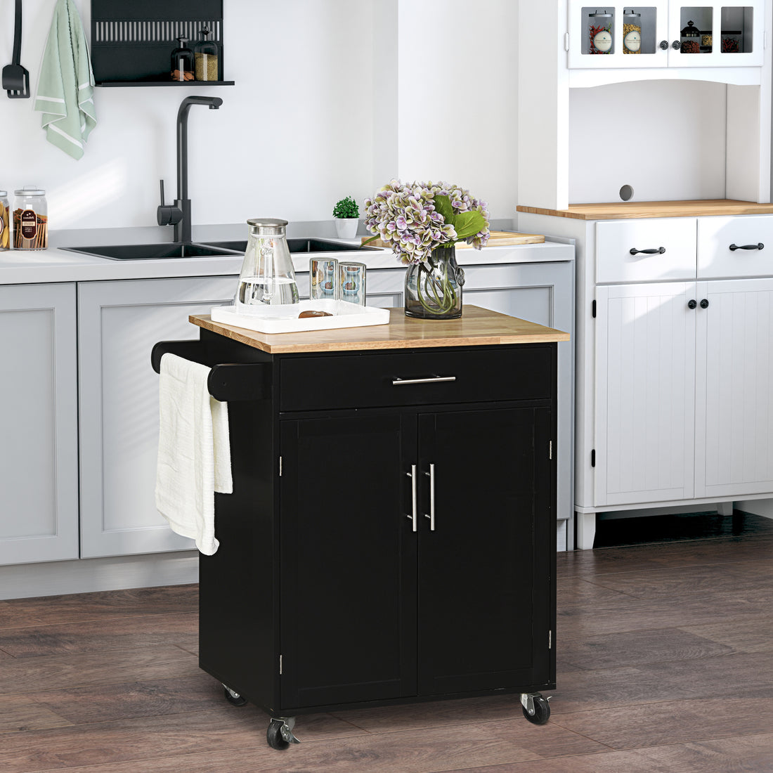 Homcom Kitchen Island Cart Rolling Trolley Cart With Drawer, Storage Cabinet & Towel Rack, Black Black Rubber Wood