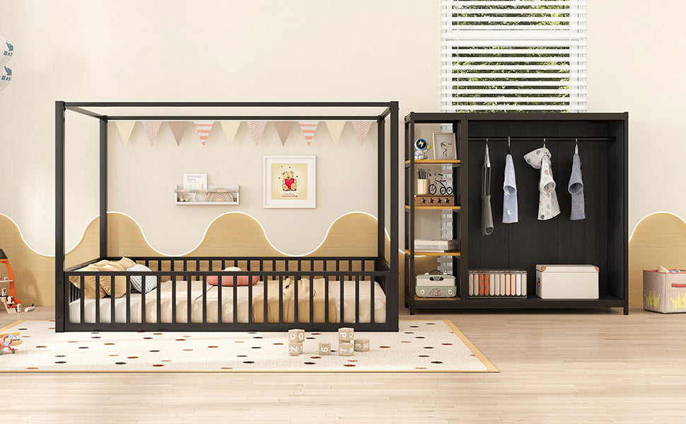 Full Size Floor Bed Frame With Wardrobe, Metal Floor Bed With Storage Shelves, Black Full Black Metal