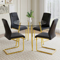 A Modern Minimalist Style Round Transparent Tempered Glass Table With Gold Metal Legs, Paired With 4 Modern Pu Leather High Back Dining Chairs, Bring A Luxurious Experience. Black Seats 4 Glass Metal