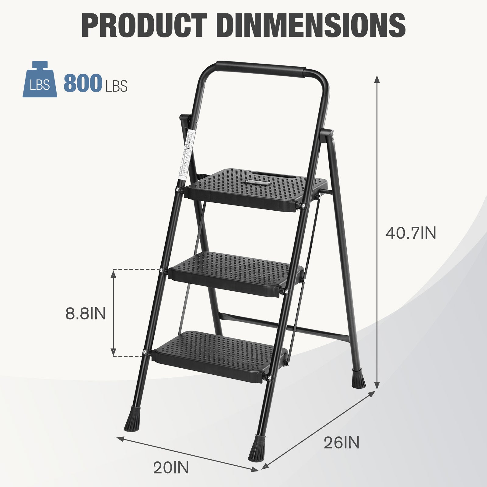 3 Non Slip Step Ladder, Quick Folding Steel Ladder Sturdy Metal Supported Household Tools For Home Office Work At Altitude, Portable Step Tools Black Abs Rubber Steel Q235