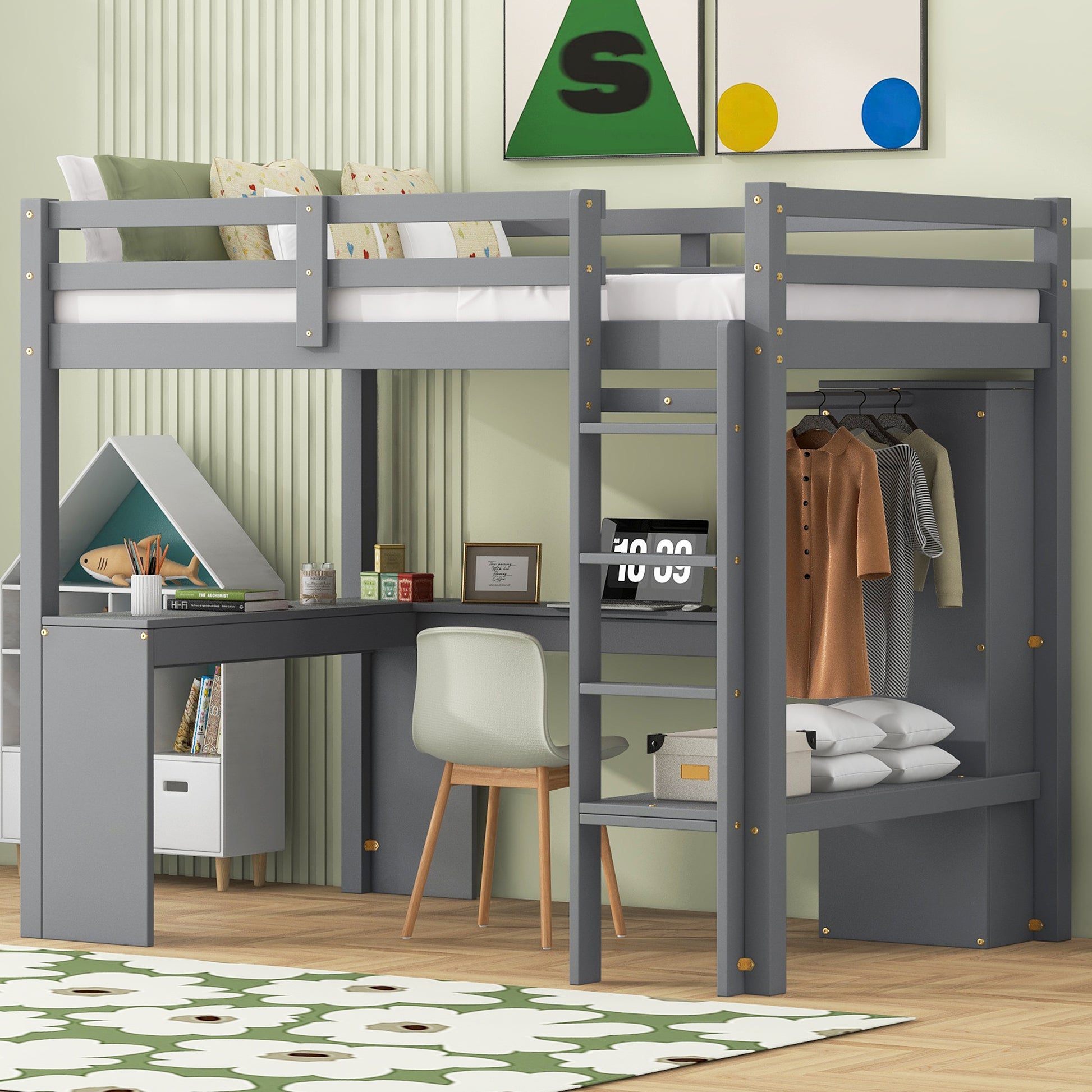 Twin Size Loft Bed With L Shaped Desk, Wardrobe And Storage Shelves, Grey Expected Arrival Time: 8.31 Box Spring Not Required Twin Grey Wood Bedroom Solid Wood Mdf